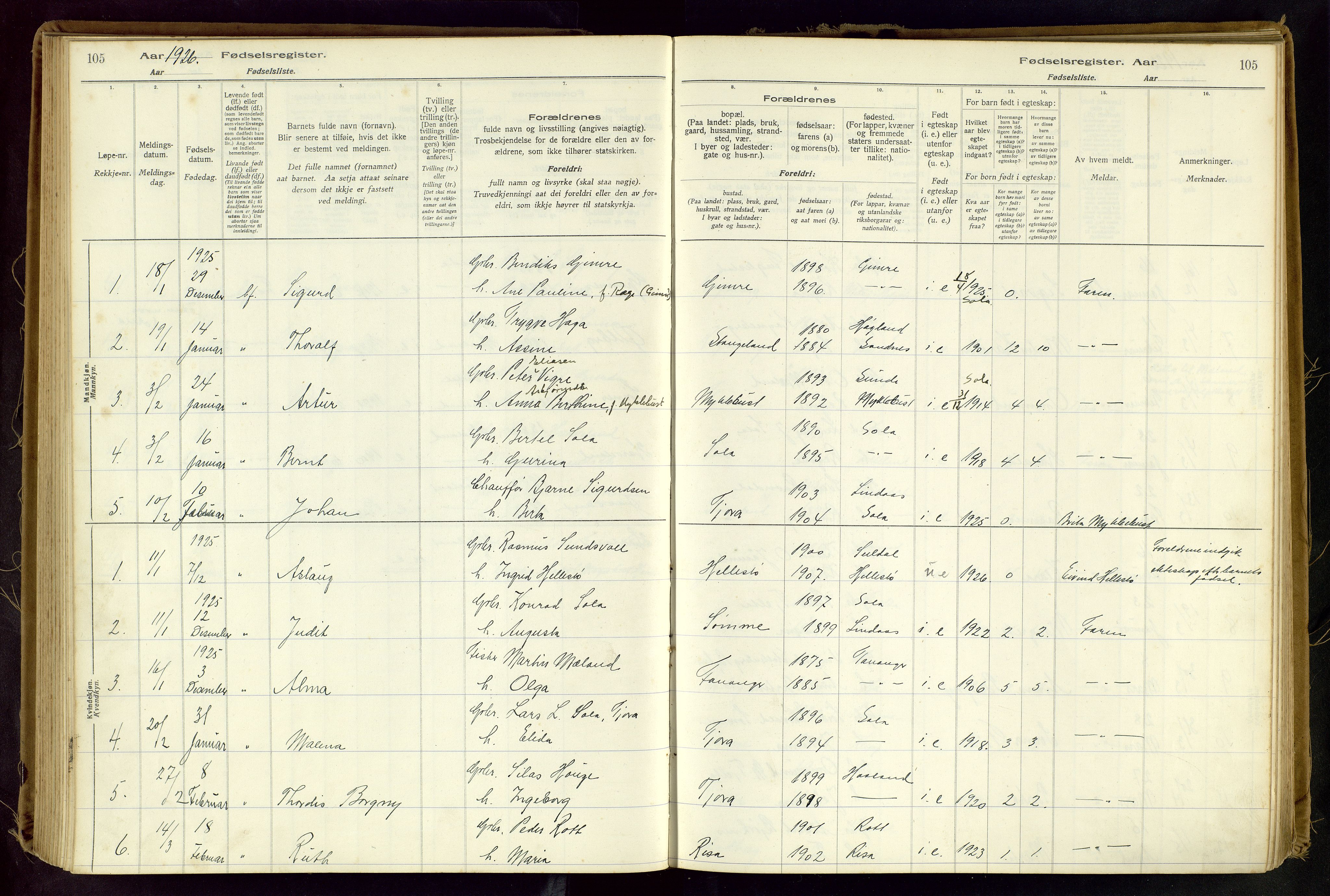 Håland sokneprestkontor, AV/SAST-A-101802/001/704BA/L0001: Birth register no. 1, 1916-1936, p. 105