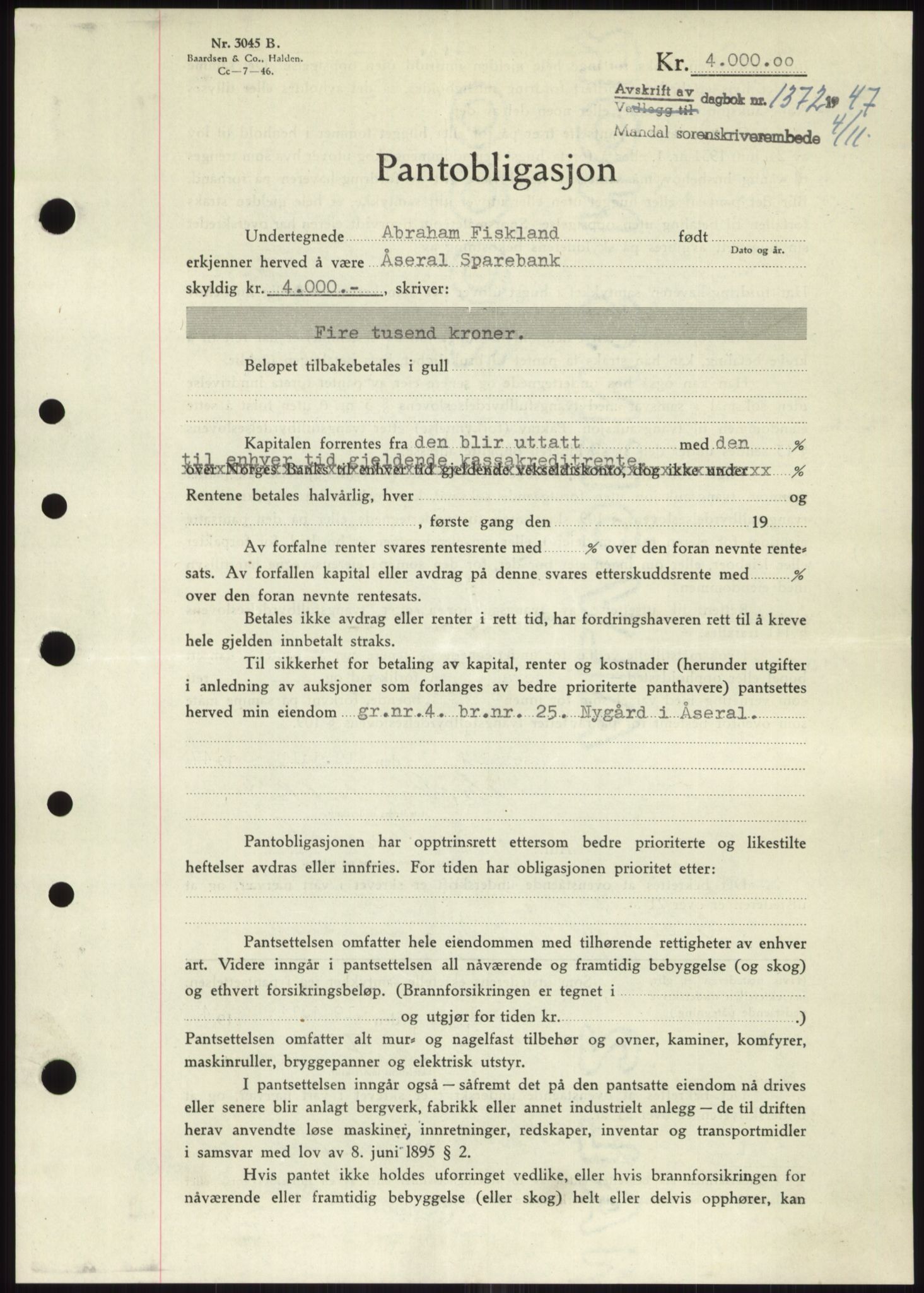 Mandal sorenskriveri, SAK/1221-0005/001/G/Gb/Gbb/L0002: Mortgage book no. B-2 - B-3, 1946-1950, Diary no: : 1372/1947