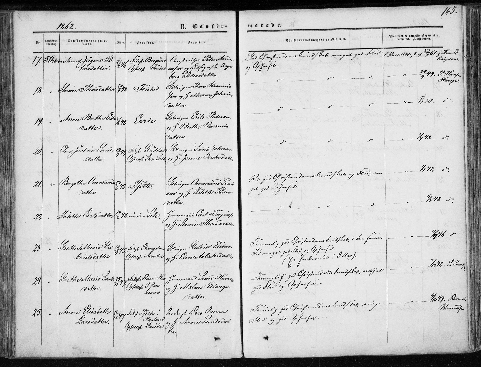 Klepp sokneprestkontor, AV/SAST-A-101803/001/3/30BA/L0005: Parish register (official) no. A 5, 1853-1870, p. 165