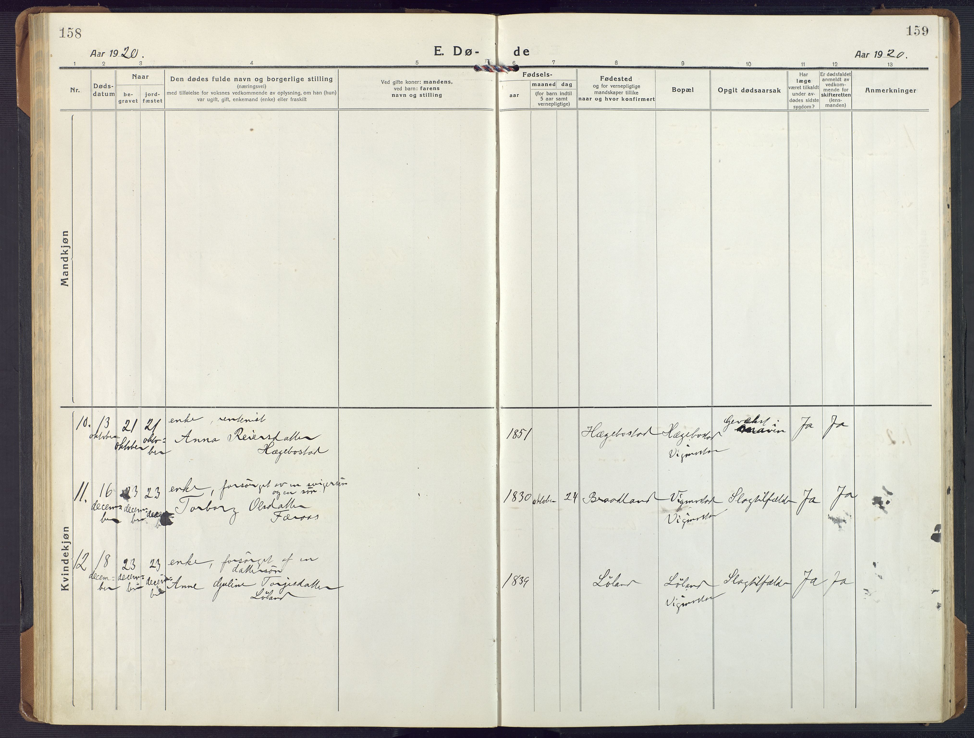 Nord-Audnedal sokneprestkontor, AV/SAK-1111-0032/F/Fa/Fab/L0005: Parish register (official) no. A 5, 1918-1925, p. 158-159