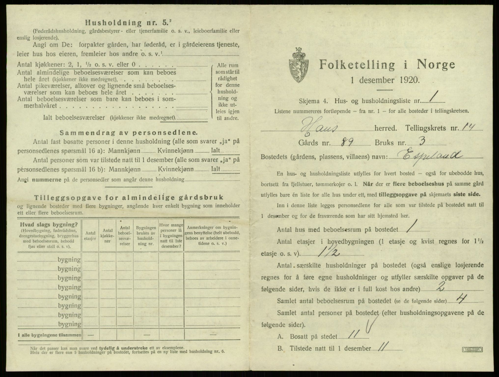 SAB, 1920 census for Haus, 1920, p. 1136