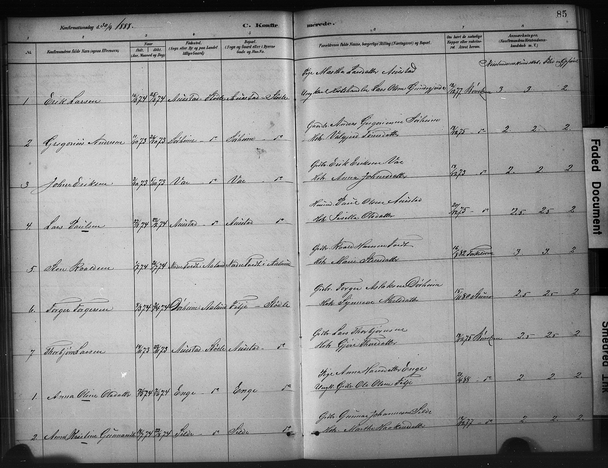 Etne sokneprestembete, SAB/A-75001/H/Hab: Parish register (copy) no. A 5, 1879-1896, p. 85