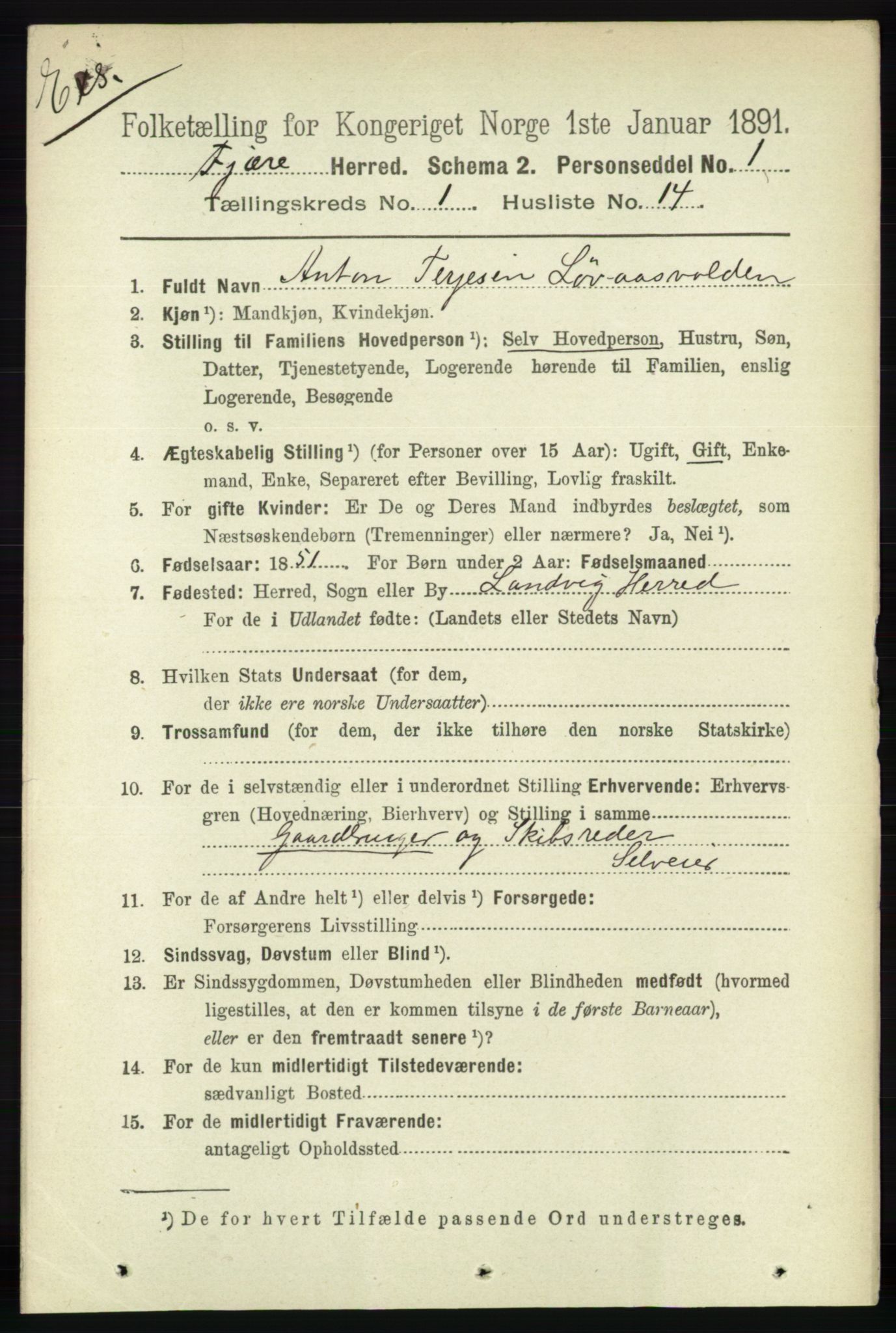 RA, Census 1891 for Nedenes amt: Gjenparter av personsedler for beslektede ektefeller, menn, 1891, p. 682