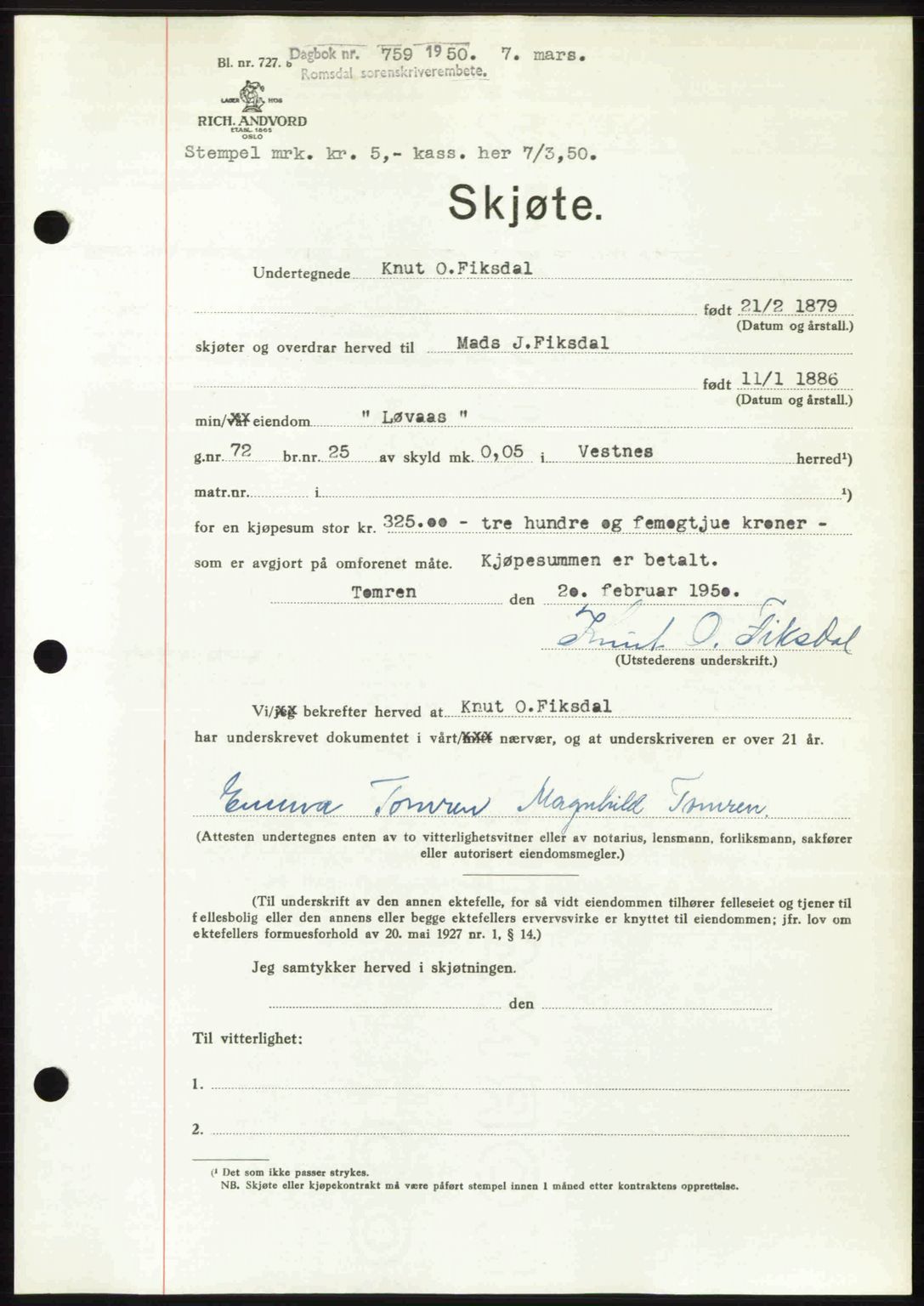 Romsdal sorenskriveri, AV/SAT-A-4149/1/2/2C: Mortgage book no. A32, 1950-1950, Diary no: : 759/1950