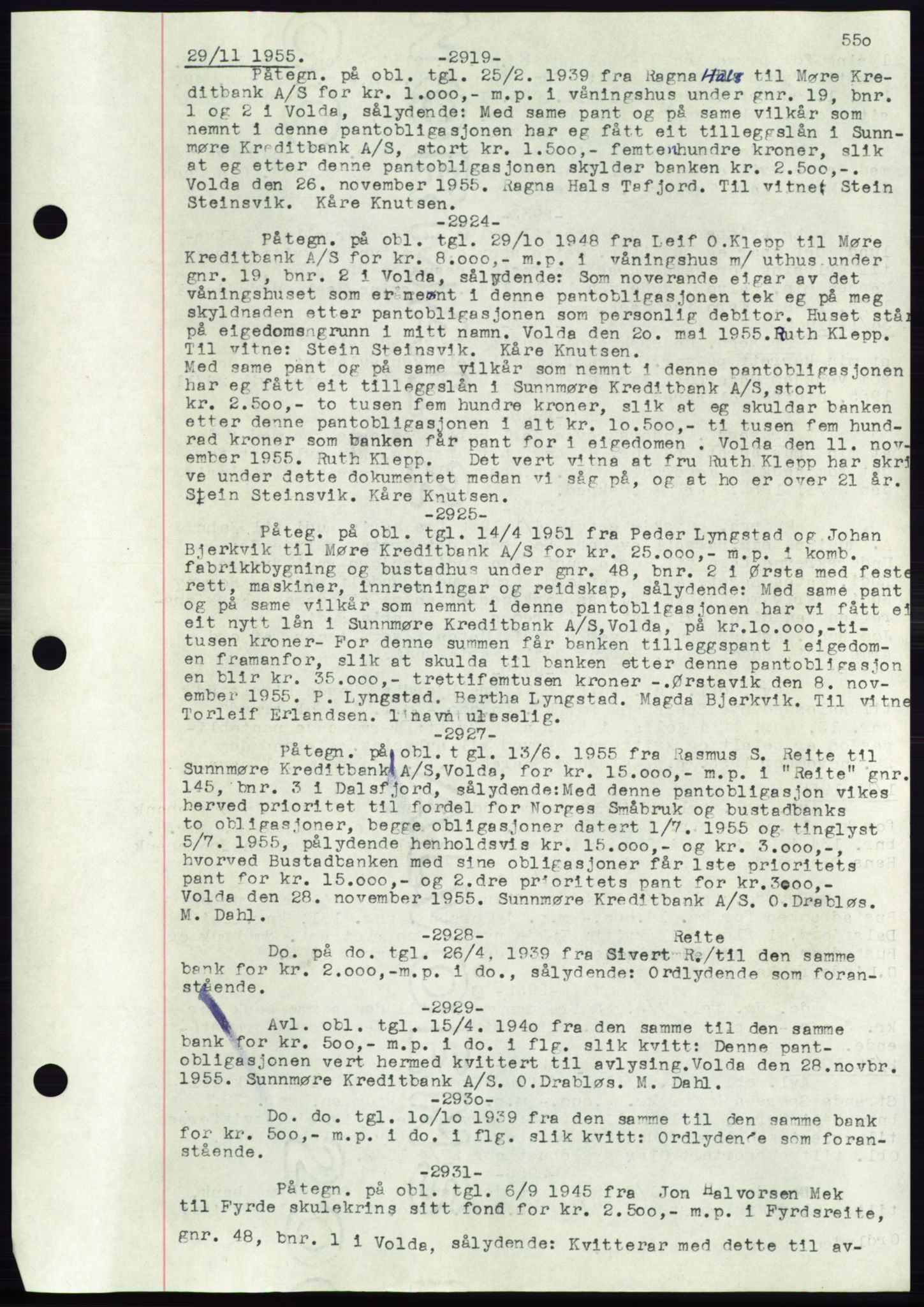 Søre Sunnmøre sorenskriveri, AV/SAT-A-4122/1/2/2C/L0072: Mortgage book no. 66, 1941-1955, Diary no: : 2919/1955