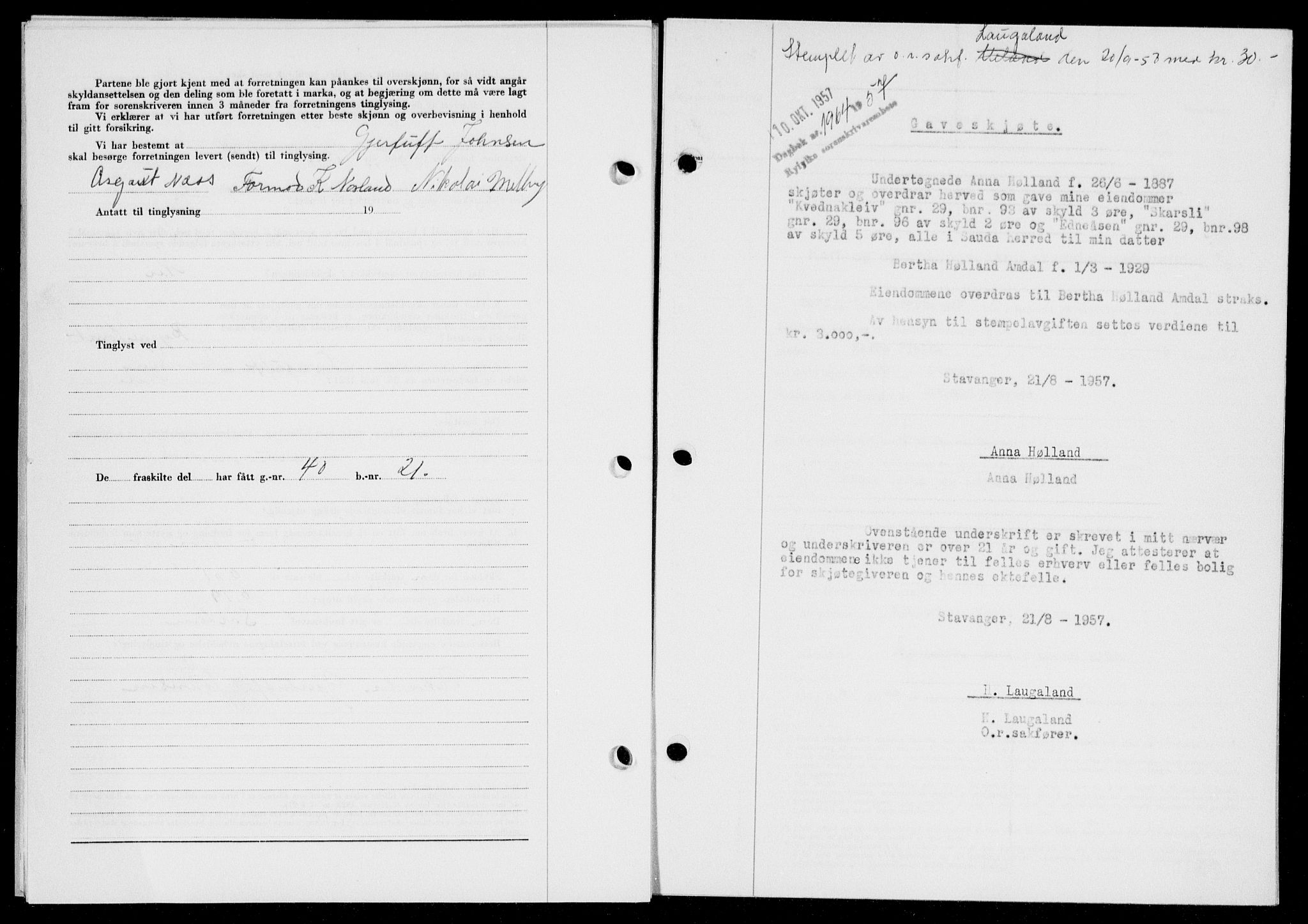 Ryfylke tingrett, SAST/A-100055/001/II/IIB/L0139: Mortgage book no. 118, 1957-1957, Diary no: : 1964/1957