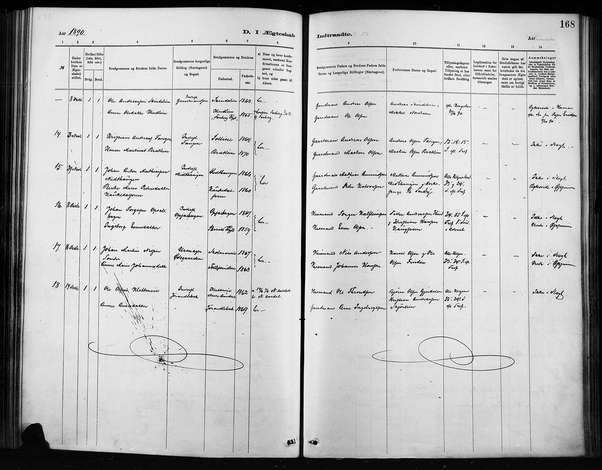 Nordre Land prestekontor, SAH/PREST-124/H/Ha/Haa/L0004: Parish register (official) no. 4, 1882-1896, p. 168