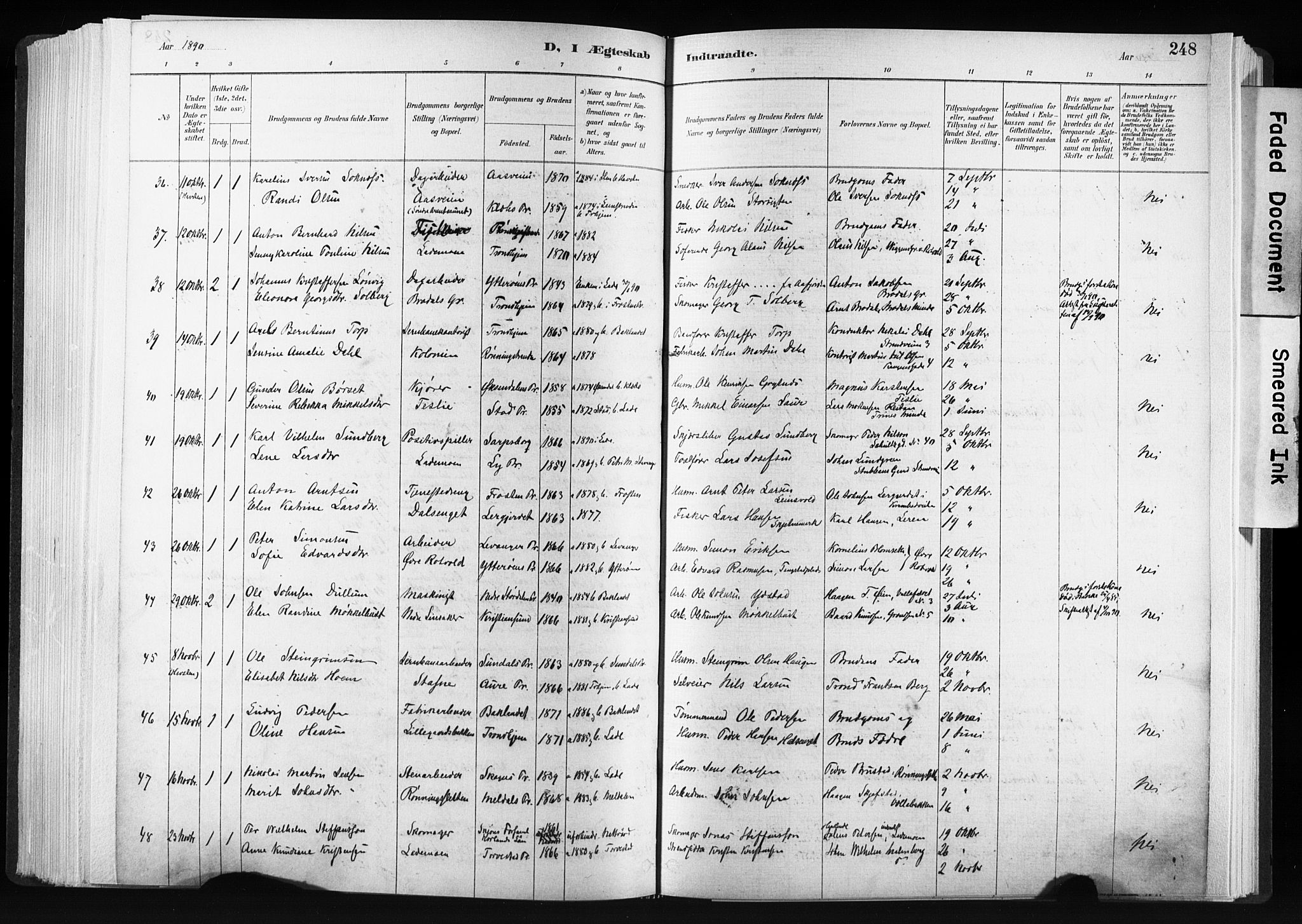 Ministerialprotokoller, klokkerbøker og fødselsregistre - Sør-Trøndelag, SAT/A-1456/606/L0300: Parish register (official) no. 606A15, 1886-1893, p. 248