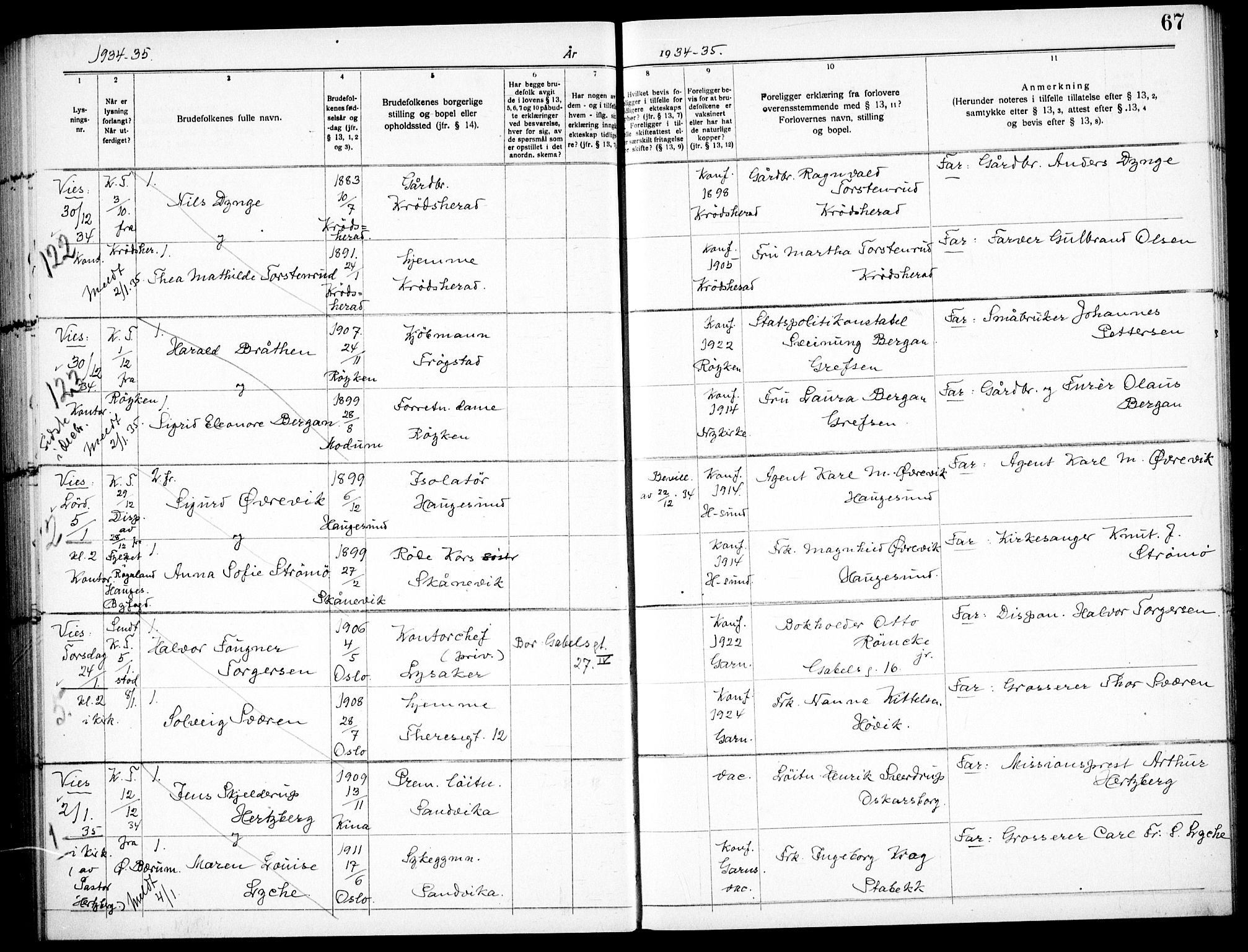 Garnisonsmenigheten Kirkebøker, AV/SAO-A-10846/H/Ha/L0011: Banns register no. I 11, 1932-1936, p. 67