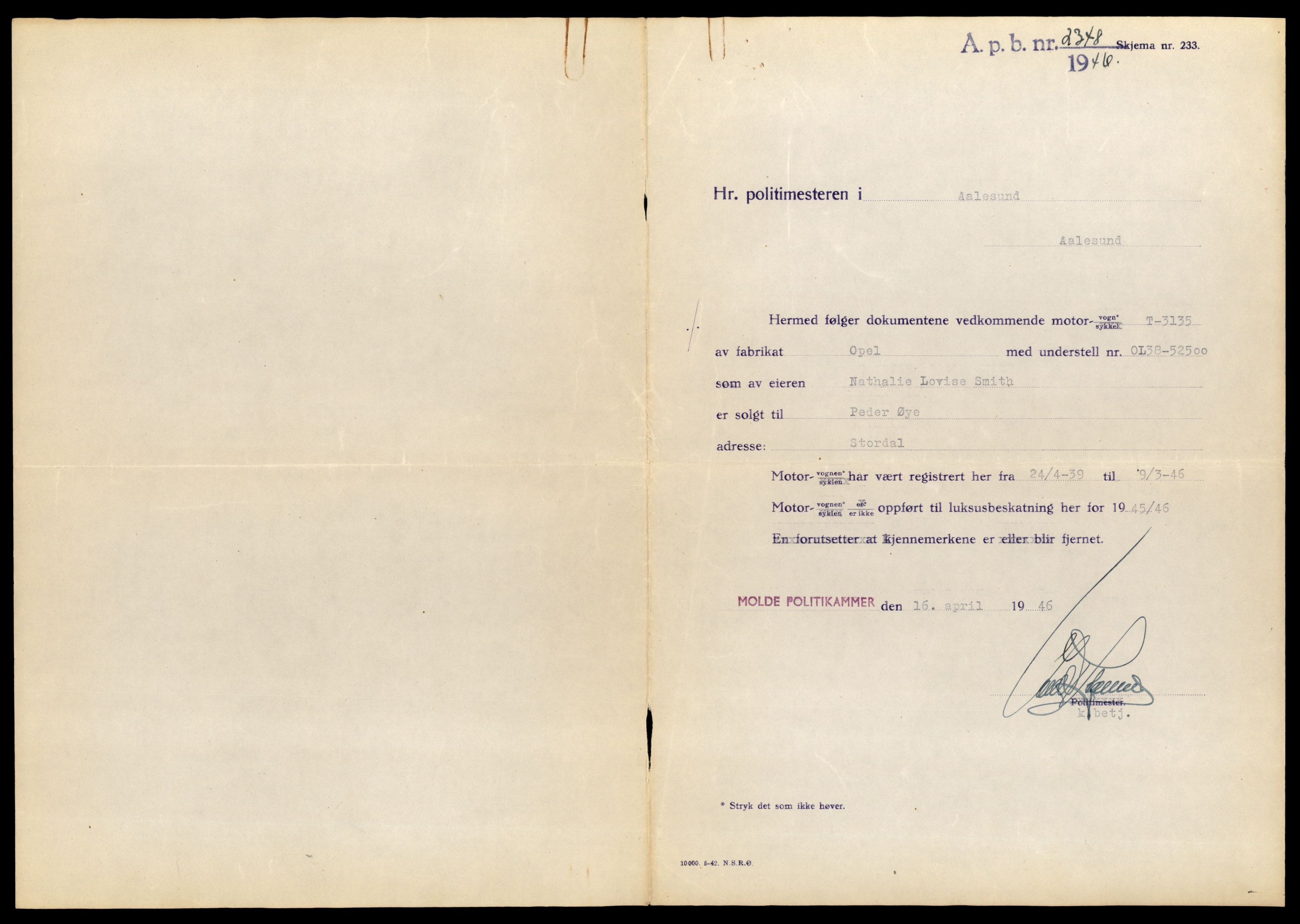 Møre og Romsdal vegkontor - Ålesund trafikkstasjon, SAT/A-4099/F/Fe/L0003: Registreringskort for kjøretøy T 232 - T 340, 1927-1998, p. 2878