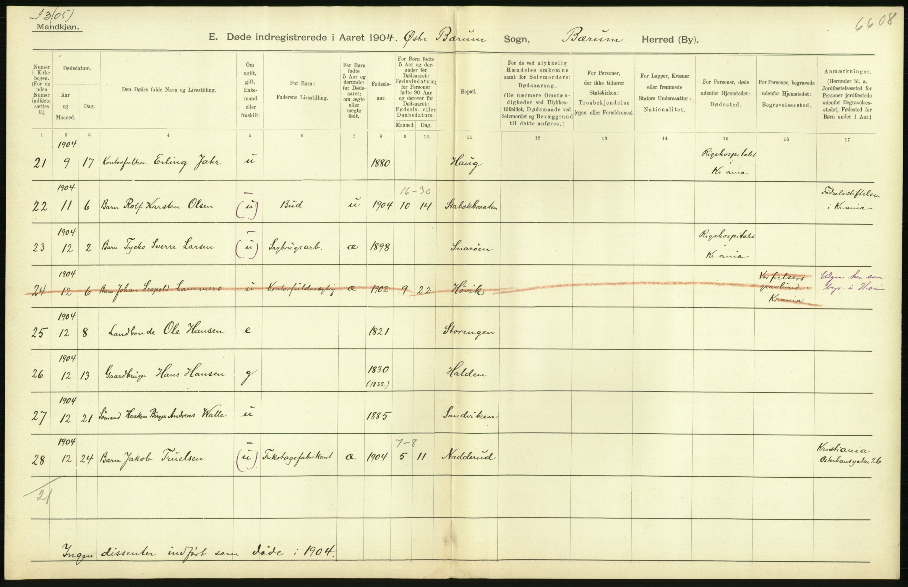 Statistisk sentralbyrå, Sosiodemografiske emner, Befolkning, AV/RA-S-2228/D/Df/Dfa/Dfab/L0002: Akershus amt: Fødte, gifte, døde, 1904, p. 576