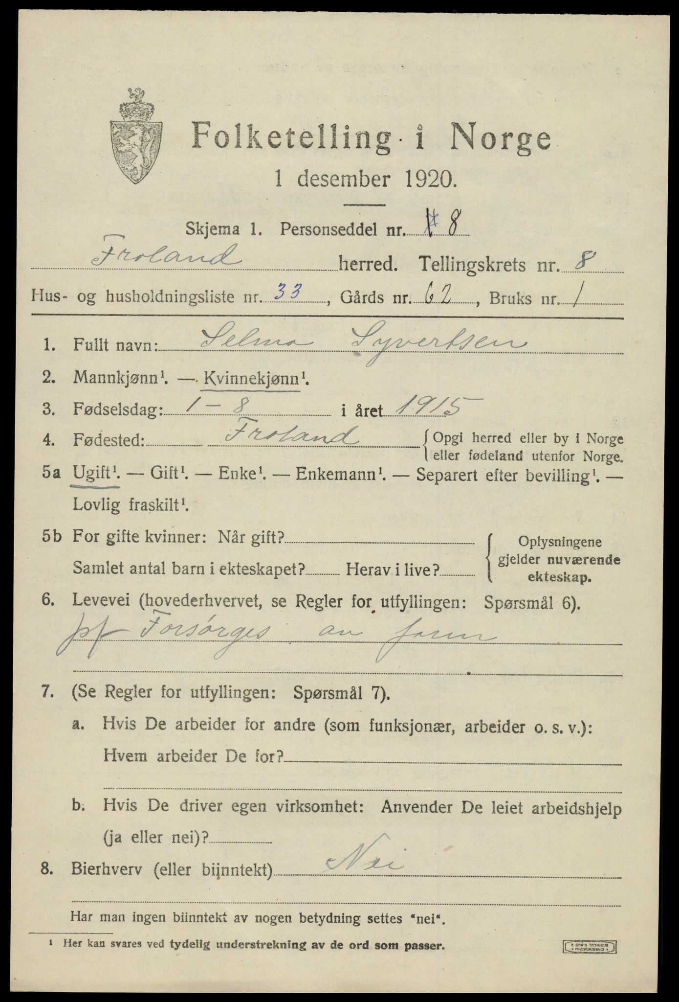 SAK, 1920 census for Froland, 1920, p. 4903