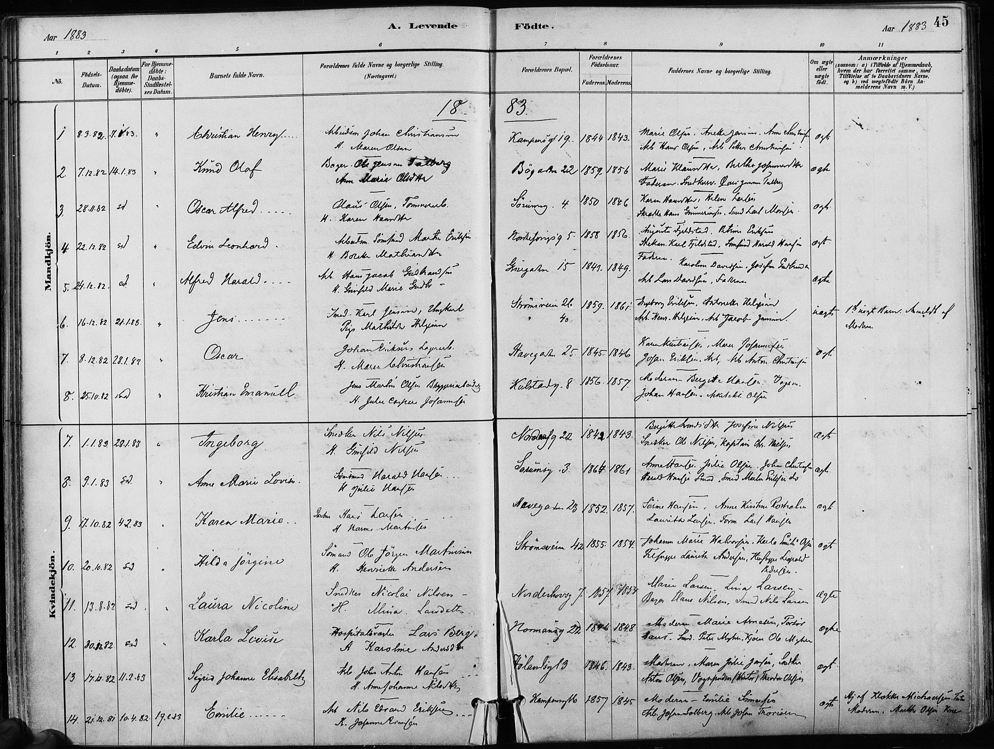 Kampen prestekontor Kirkebøker, AV/SAO-A-10853/F/Fa/L0001: Parish register (official) no. I 1, 1880-1886, p. 45