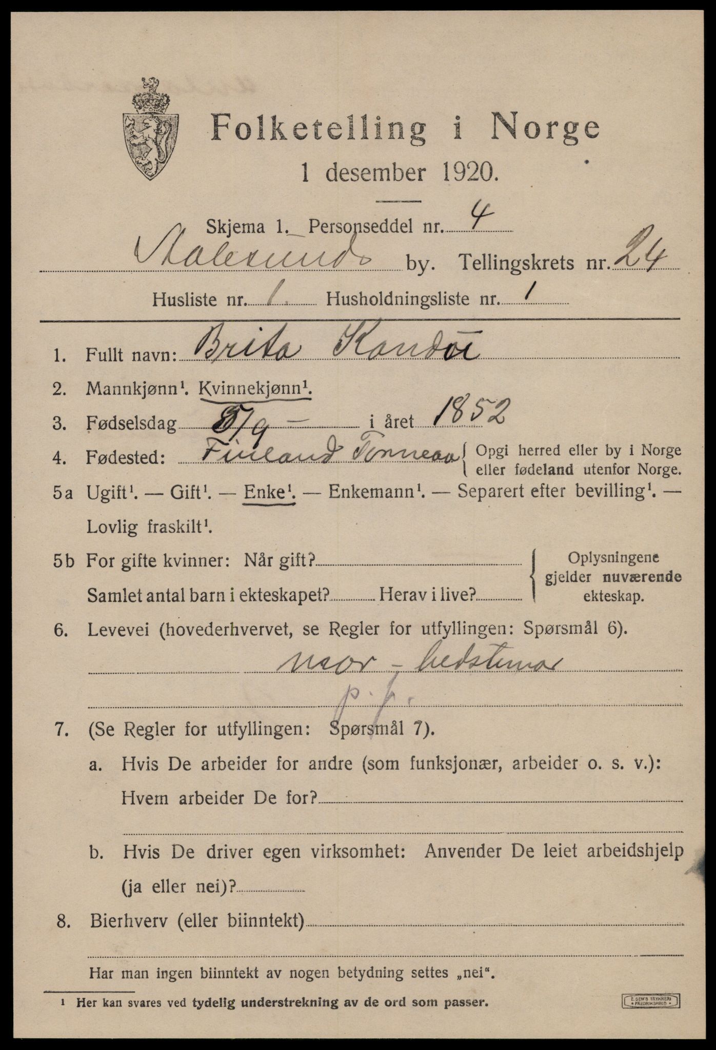 SAT, 1920 census for Ålesund, 1920, p. 43224