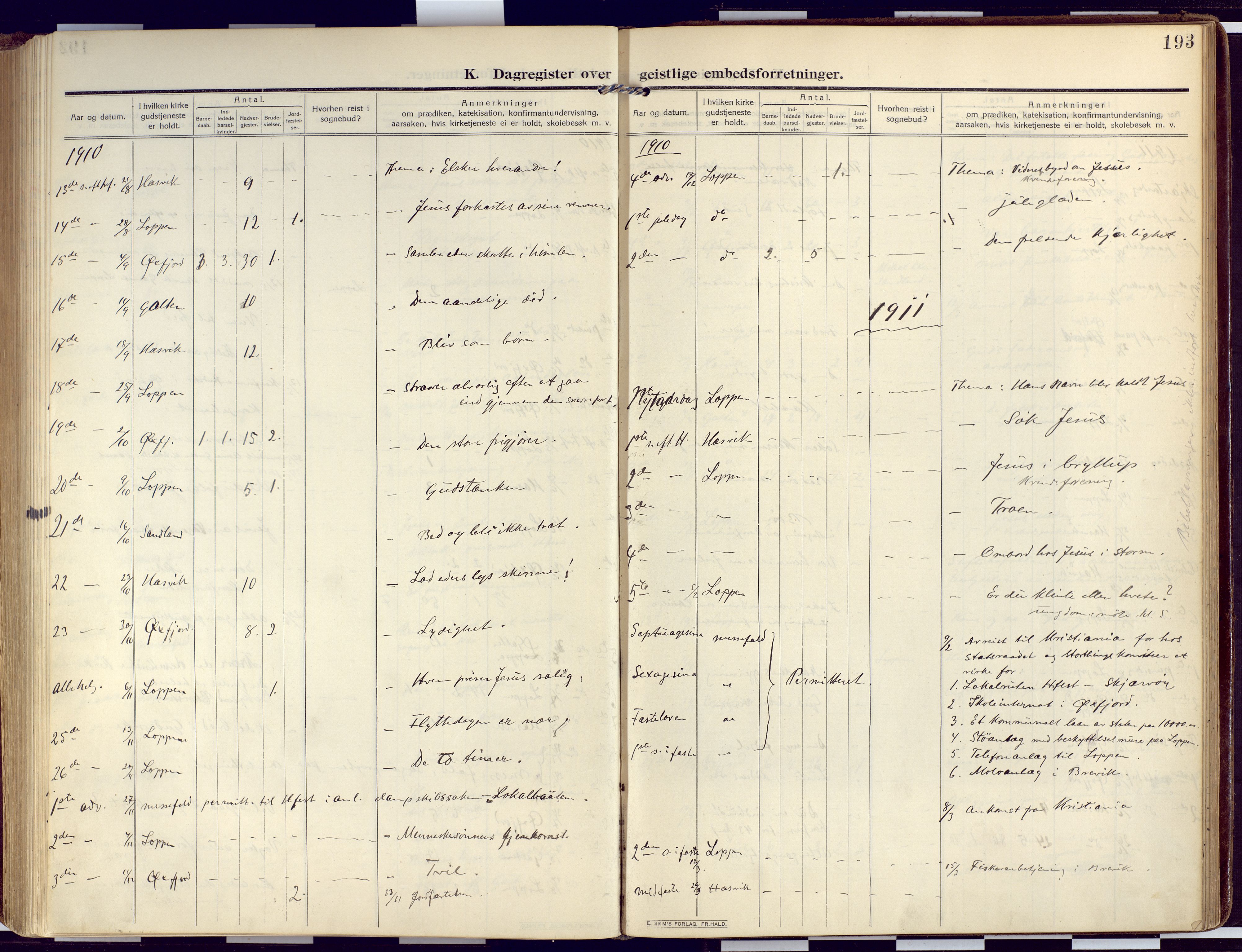 Loppa sokneprestkontor, SATØ/S-1339/H/Ha/L0011kirke: Parish register (official) no. 11, 1909-1919, p. 193