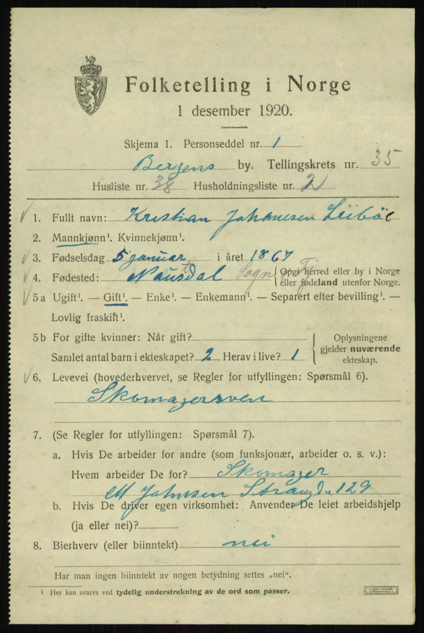 SAB, 1920 census for Bergen, 1920, p. 102750