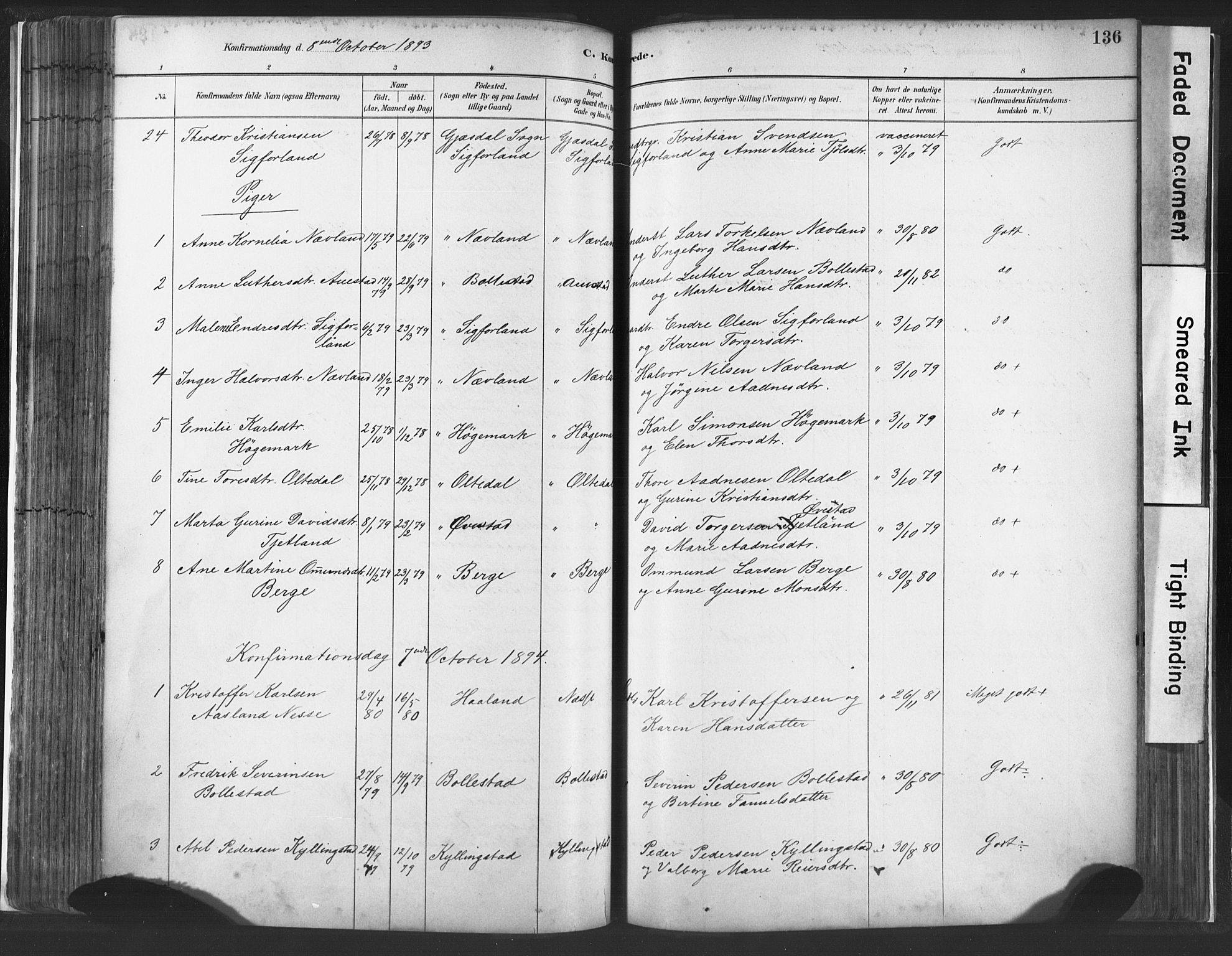 Lye sokneprestkontor, SAST/A-101794/001/30BA/L0010: Parish register (official) no. A 10, 1881-1896, p. 136