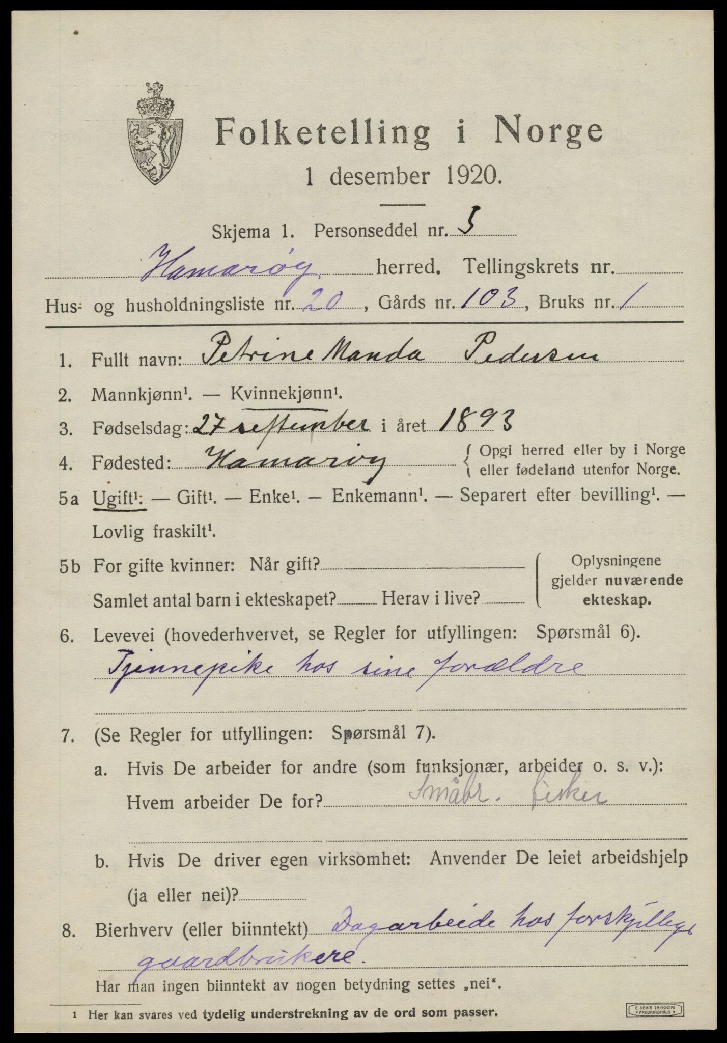 SAT, 1920 census for Hamarøy, 1920, p. 3176