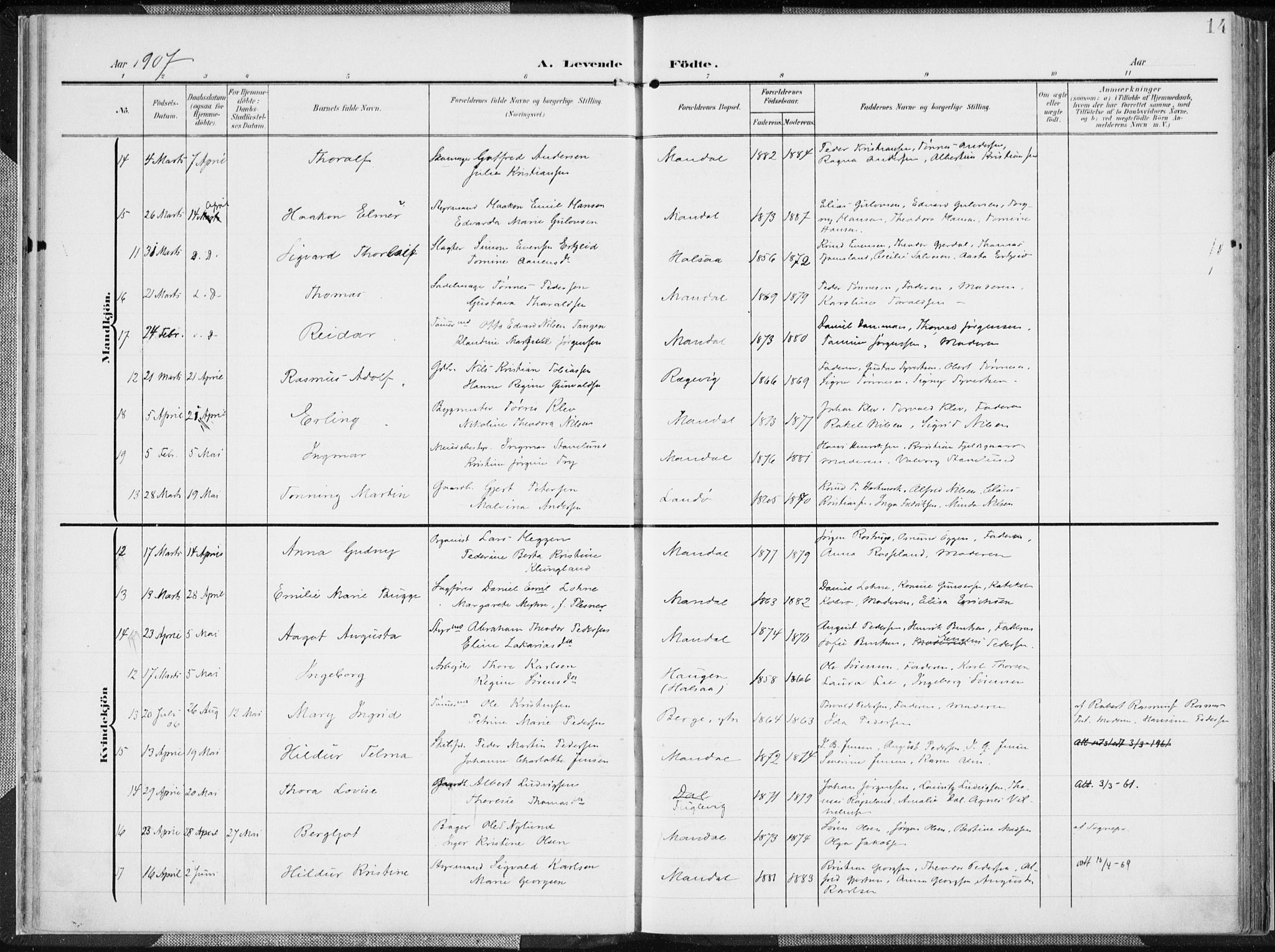 Mandal sokneprestkontor, AV/SAK-1111-0030/F/Fa/Faa/L0020: Parish register (official) no. A 20, 1906-1912, p. 14