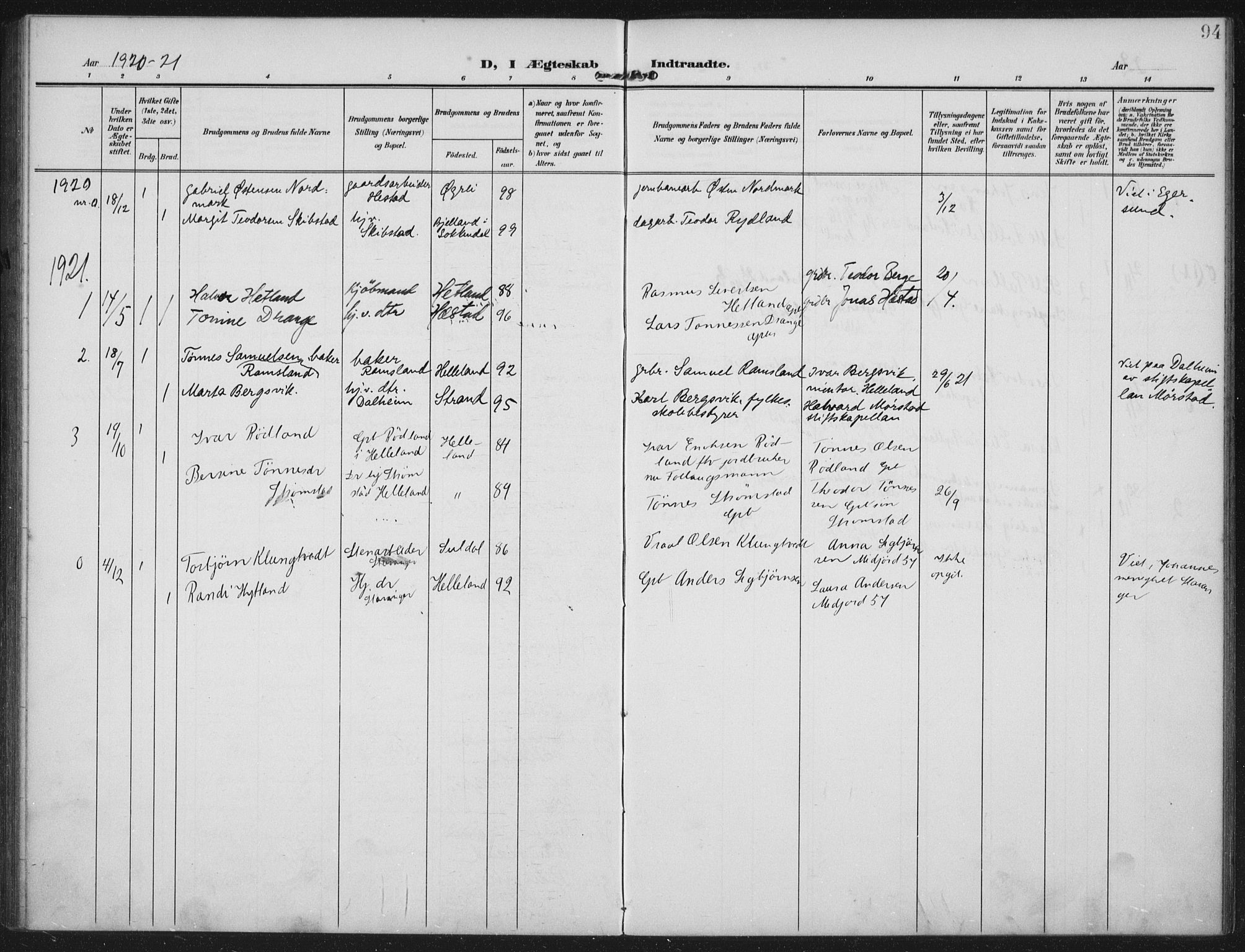 Helleland sokneprestkontor, SAST/A-101810: Parish register (official) no. A 12, 1906-1923, p. 94