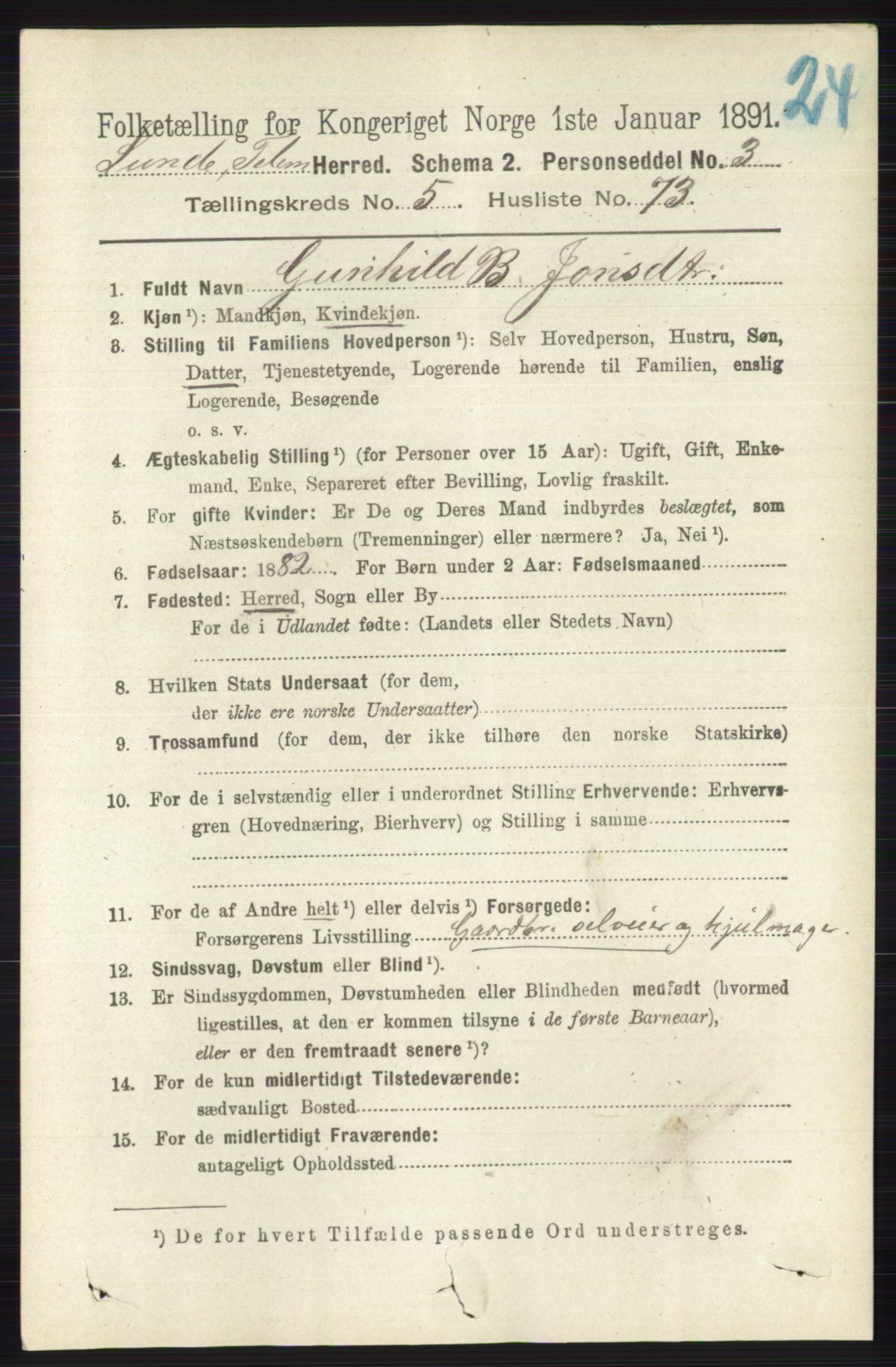 RA, 1891 census for 0820 Lunde, 1891, p. 1999