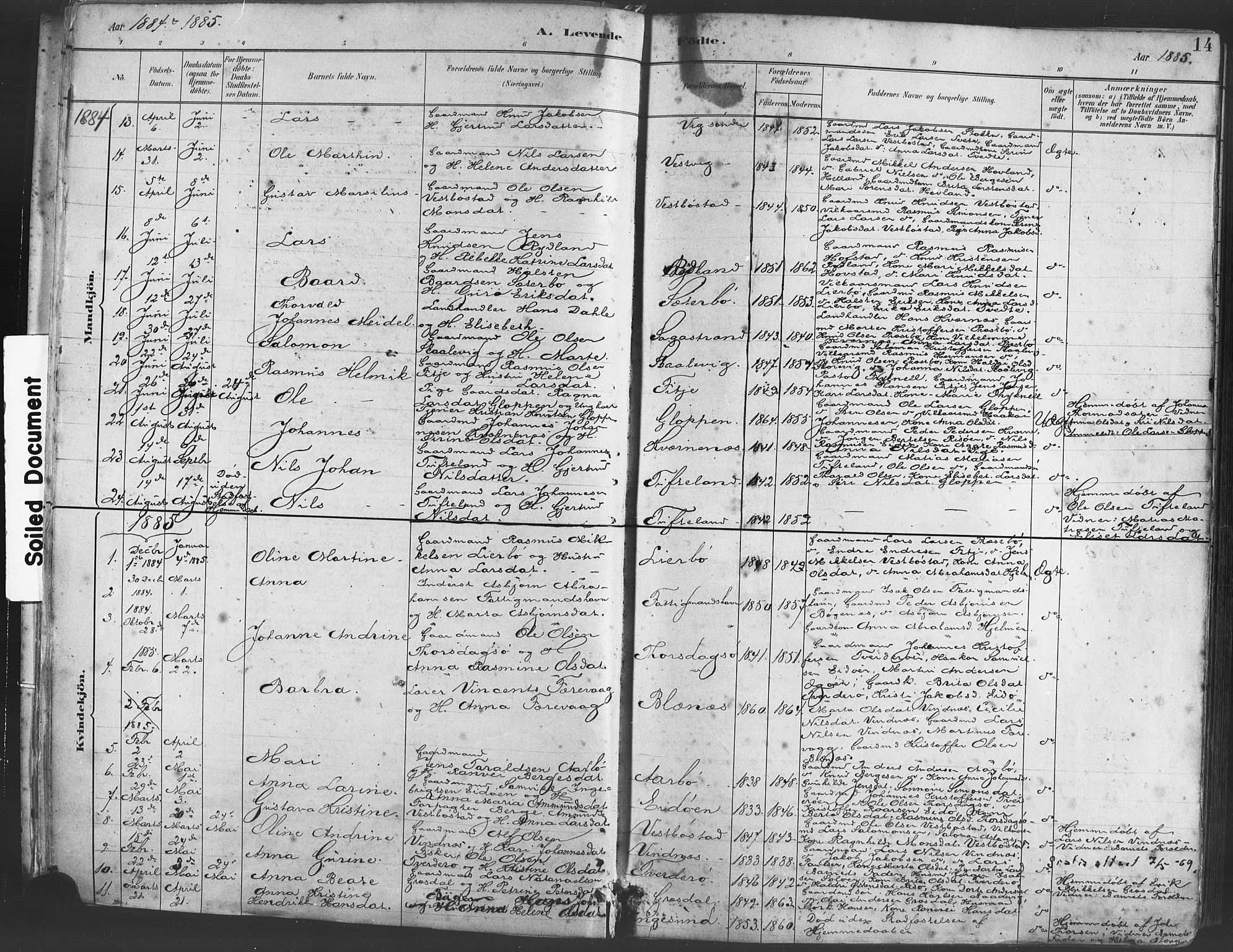 Fitjar sokneprestembete, AV/SAB-A-99926: Parish register (official) no. A 2, 1882-1899, p. 14