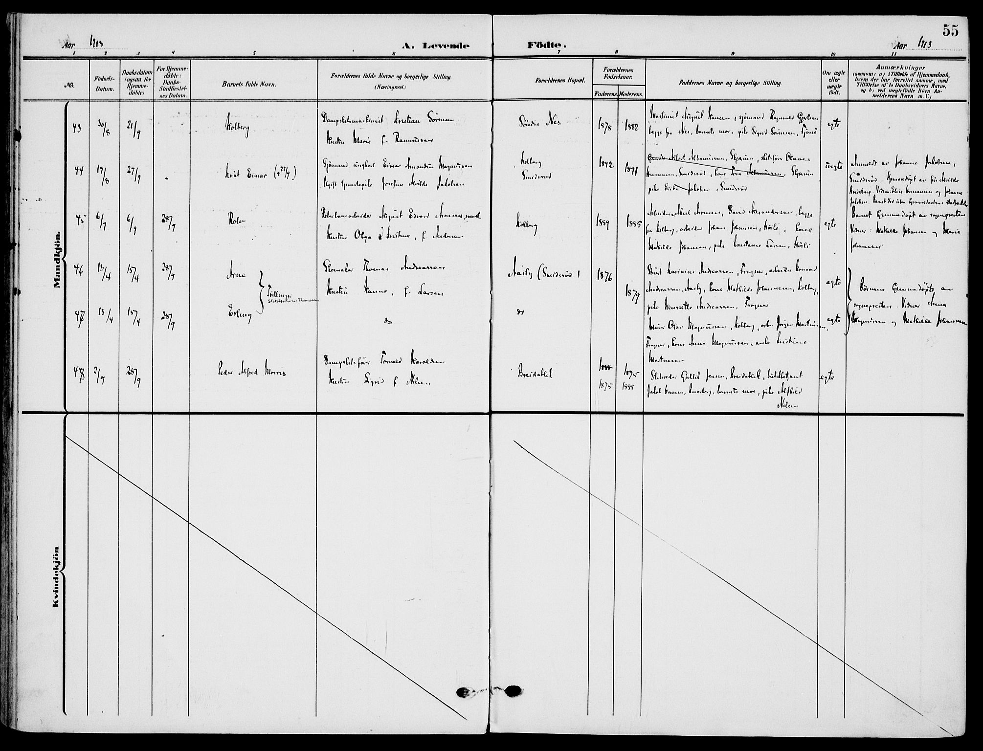 Nøtterøy kirkebøker, AV/SAKO-A-354/F/Fa/L0010: Parish register (official) no. I 10, 1908-1919, p. 55