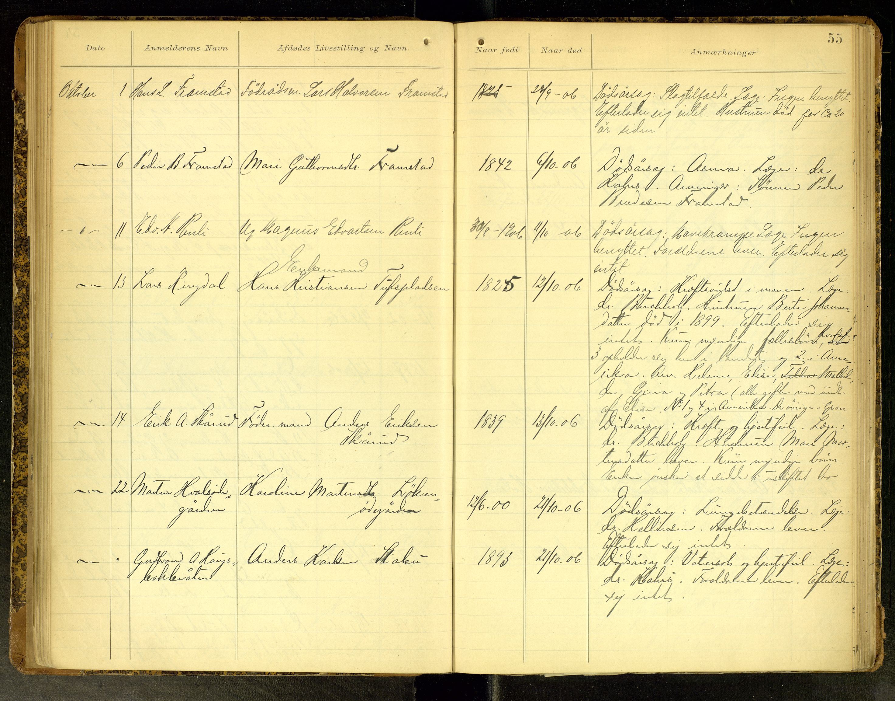 Gran lensmannskontor, SAH/LOG-010/H/Ha/L0002: Dødsfallsprotokoll, 1899-1917, p. 55