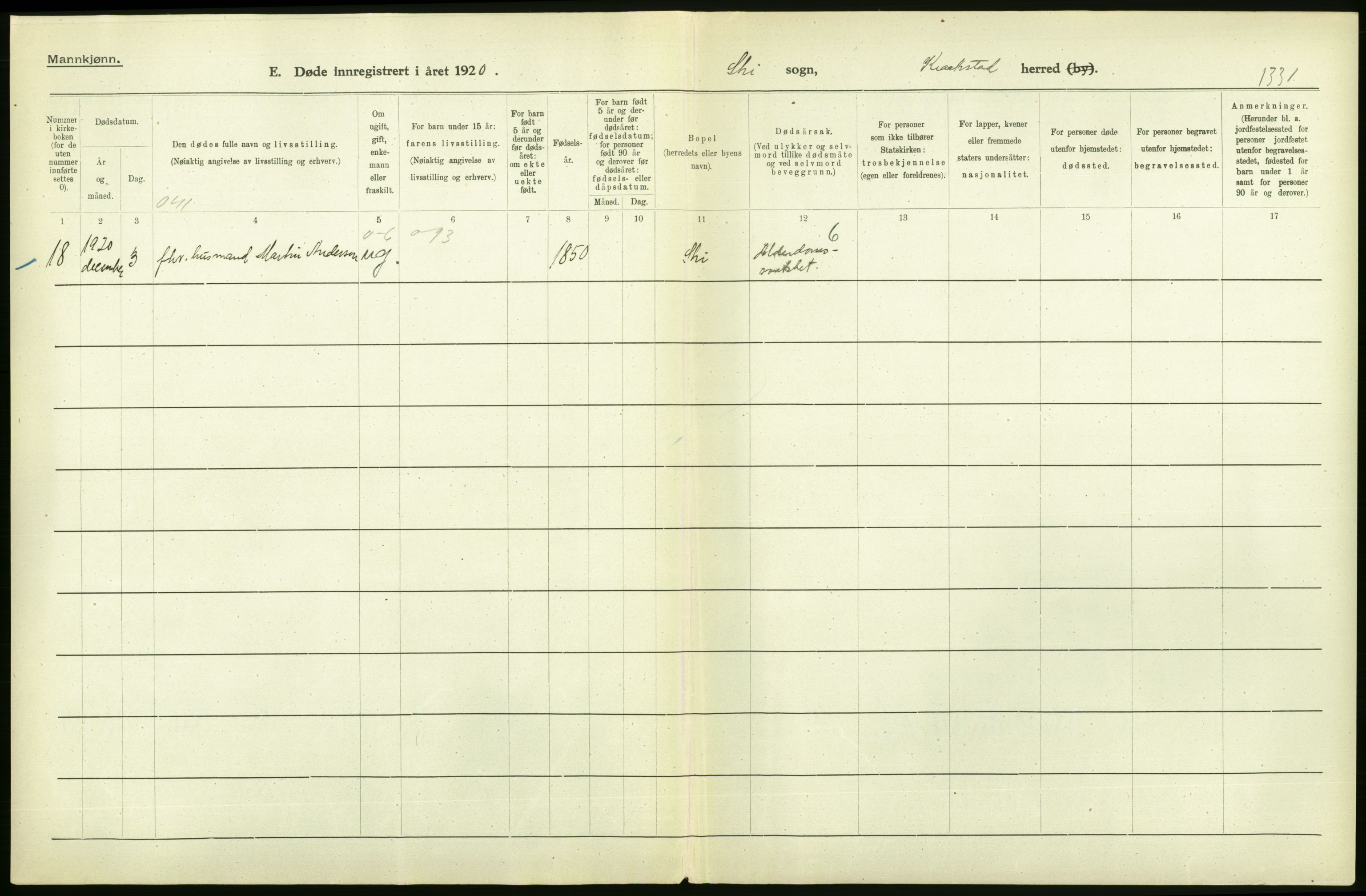 Statistisk sentralbyrå, Sosiodemografiske emner, Befolkning, RA/S-2228/D/Df/Dfb/Dfbj/L0007: Akershus fylke: Døde. Bygder og byer., 1920, p. 14