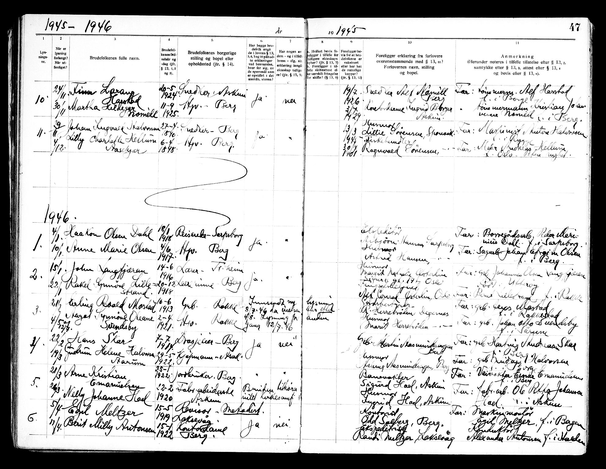 Berg prestekontor Kirkebøker, SAO/A-10902/H/Ha/L0002: Banns register no. I 2, 1919-1966, p. 47