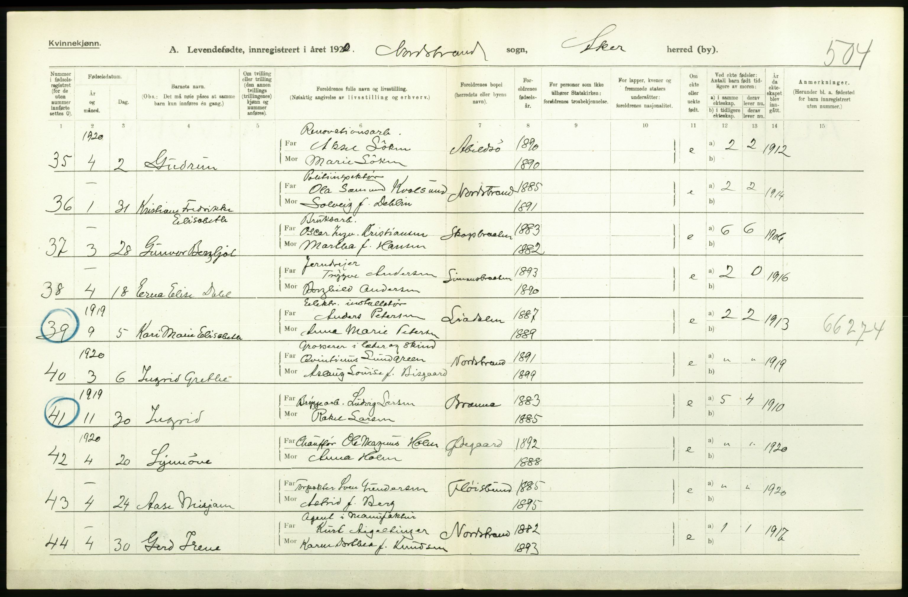 Statistisk sentralbyrå, Sosiodemografiske emner, Befolkning, RA/S-2228/D/Df/Dfb/Dfbj/L0004: Akershus fylke: Levendefødte menn og kvinner. Bygder., 1920, p. 276