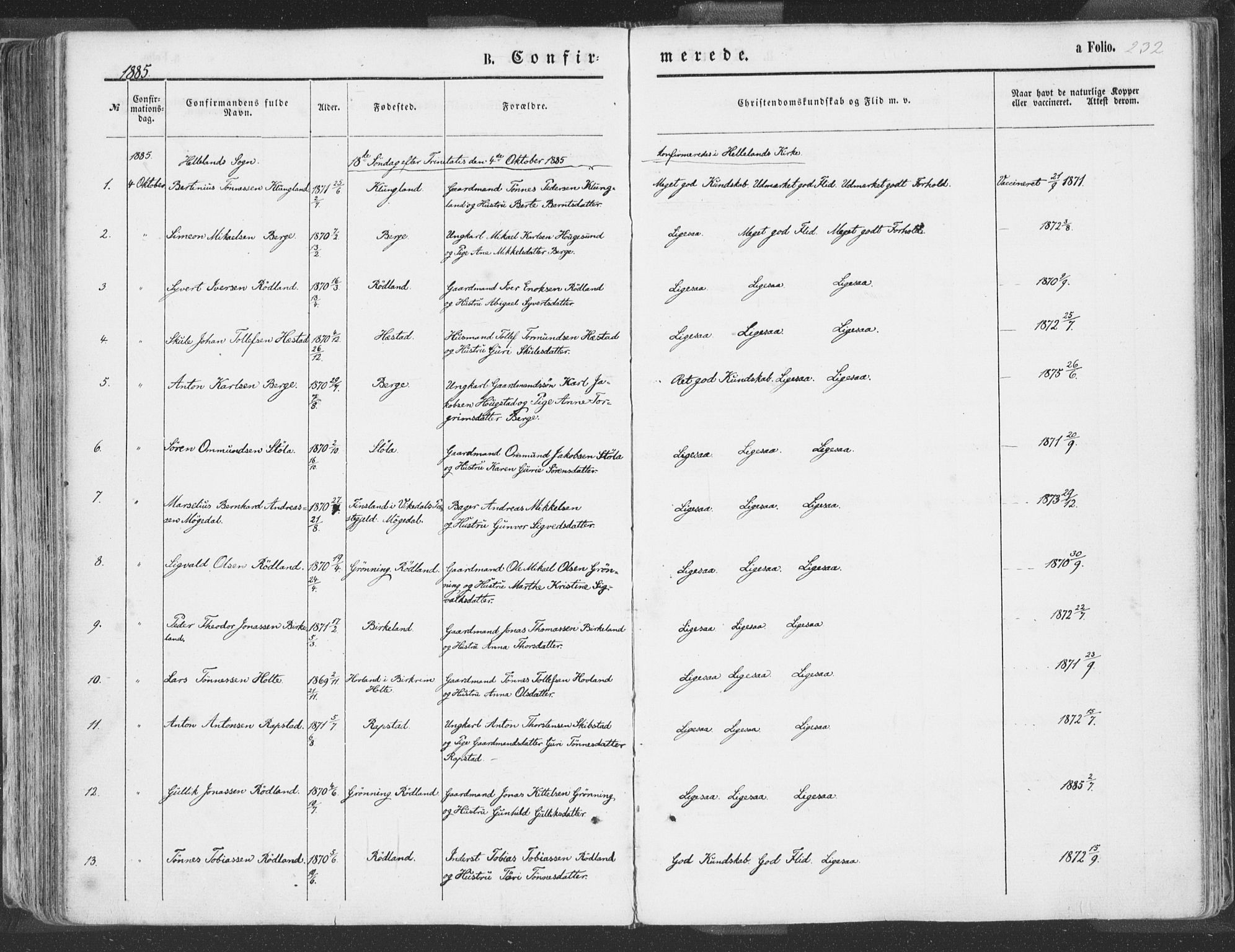 Helleland sokneprestkontor, AV/SAST-A-101810: Parish register (official) no. A 7.1, 1863-1886, p. 232