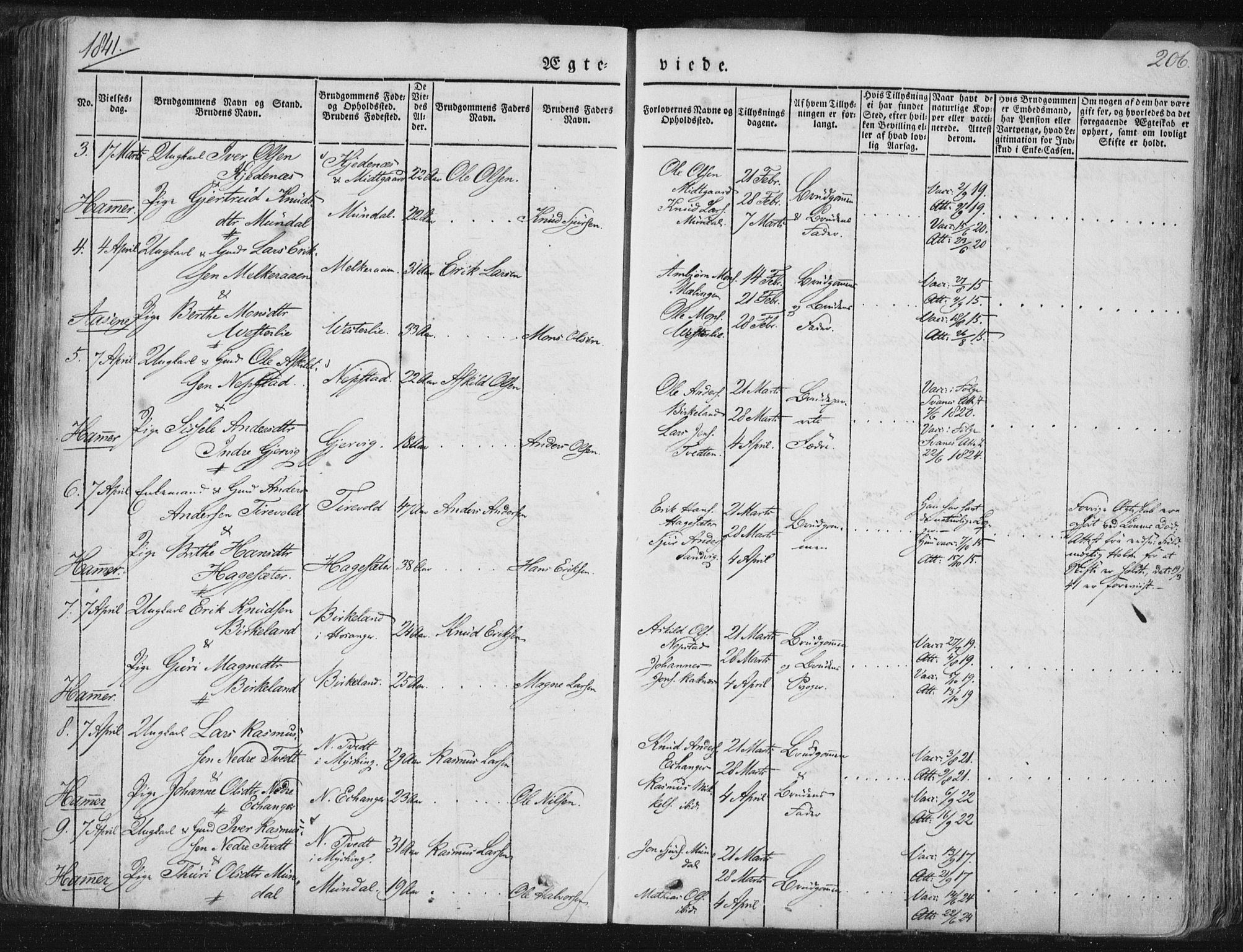 Hamre sokneprestembete, SAB/A-75501/H/Ha/Haa/Haaa/L0012: Parish register (official) no. A 12, 1834-1845, p. 206