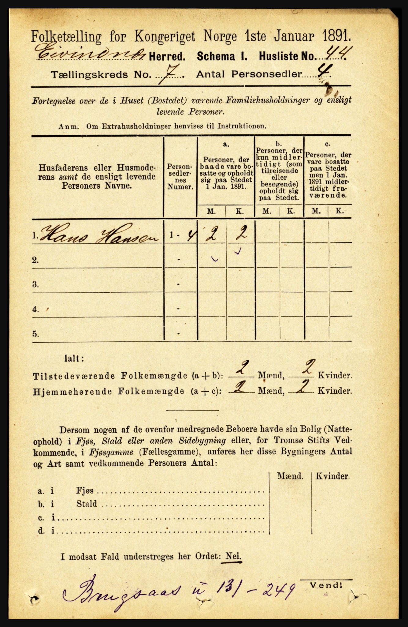 RA, 1891 census for 1853 Evenes, 1891, p. 2165