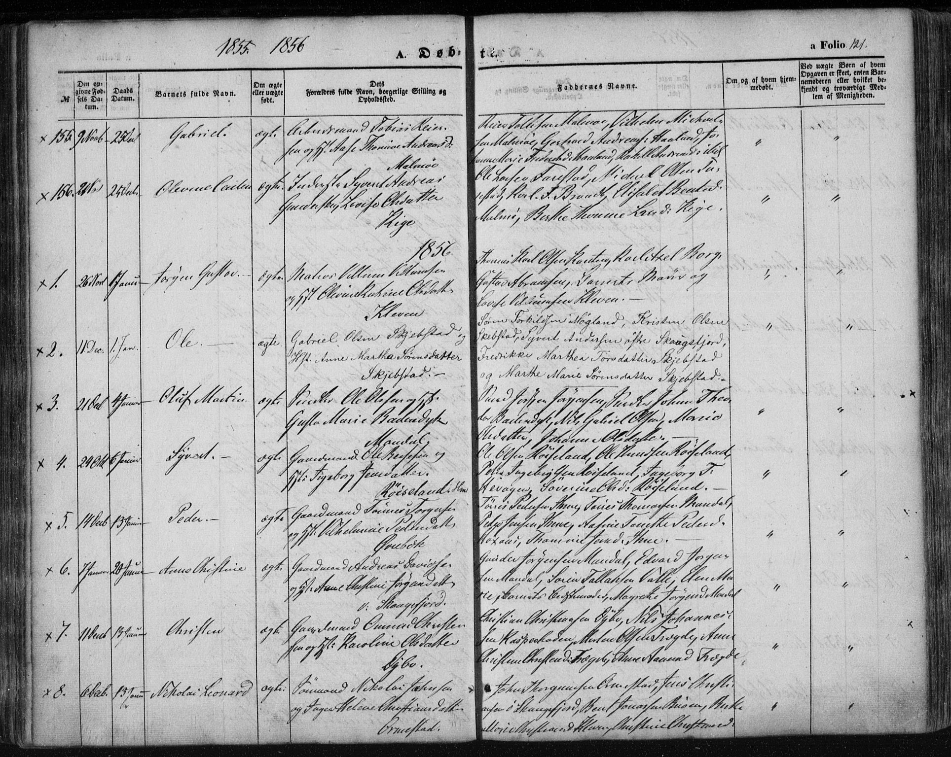 Mandal sokneprestkontor, AV/SAK-1111-0030/F/Fa/Faa/L0013: Parish register (official) no. A 13, 1847-1859, p. 121