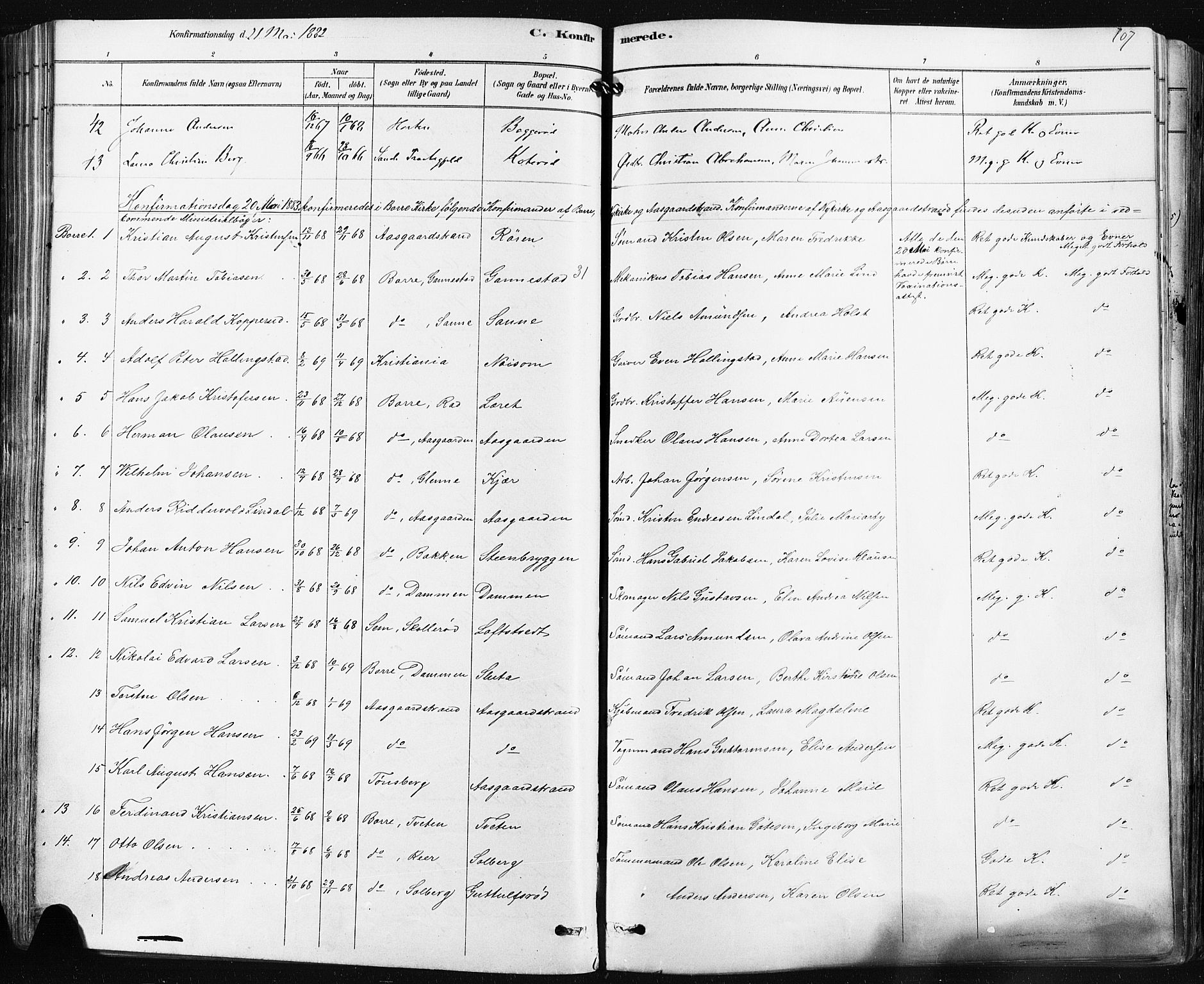 Borre kirkebøker, SAKO/A-338/F/Fa/L0009: Parish register (official) no. I 9, 1878-1896, p. 107