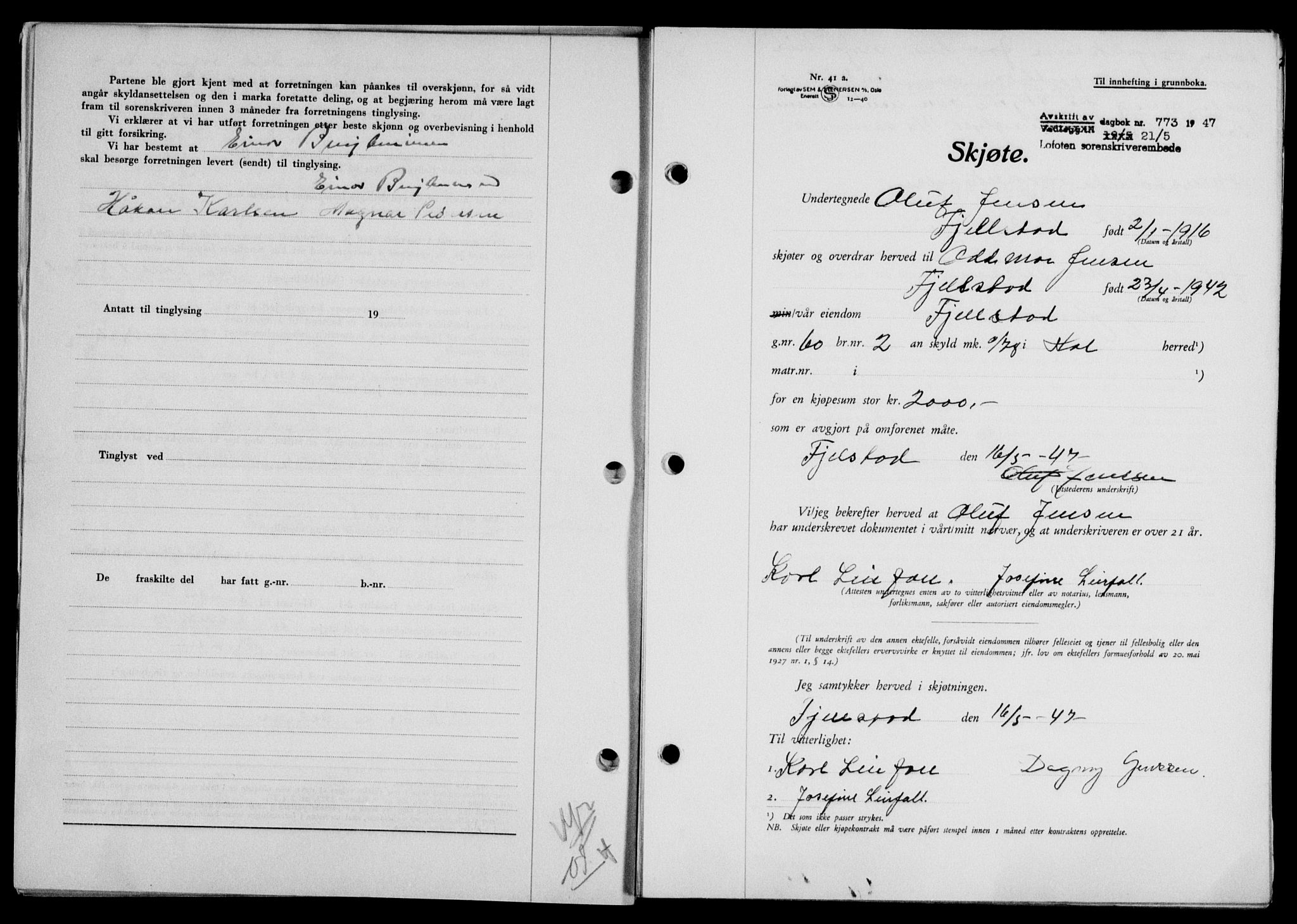 Lofoten sorenskriveri, SAT/A-0017/1/2/2C/L0016a: Mortgage book no. 16a, 1947-1947, Diary no: : 773/1947