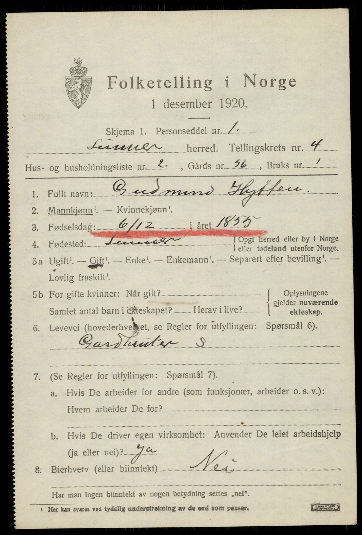 SAH, 1920 census for Lunner, 1920, p. 5377