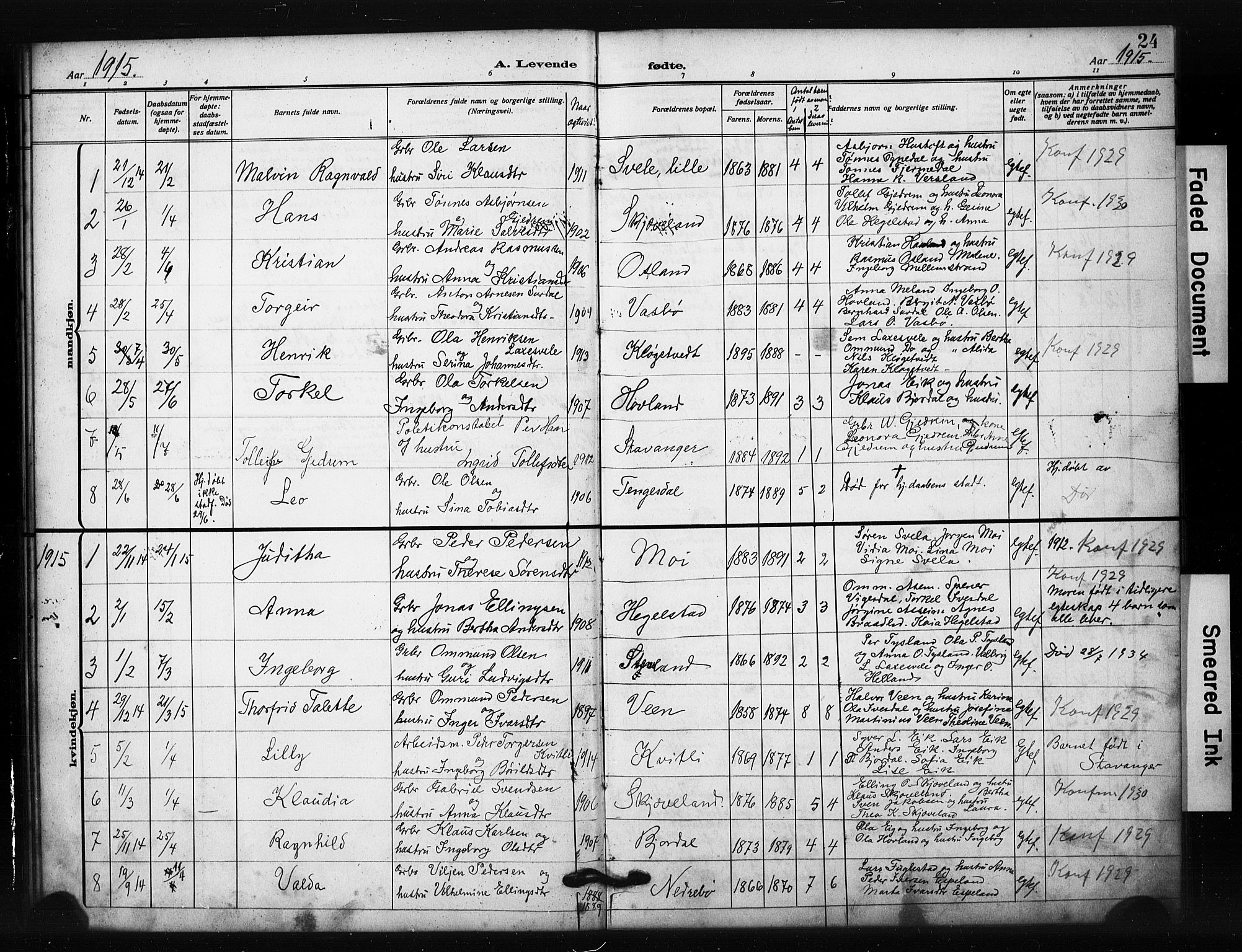 Helleland sokneprestkontor, SAST/A-101810: Parish register (copy) no. B 6, 1909-1923, p. 24