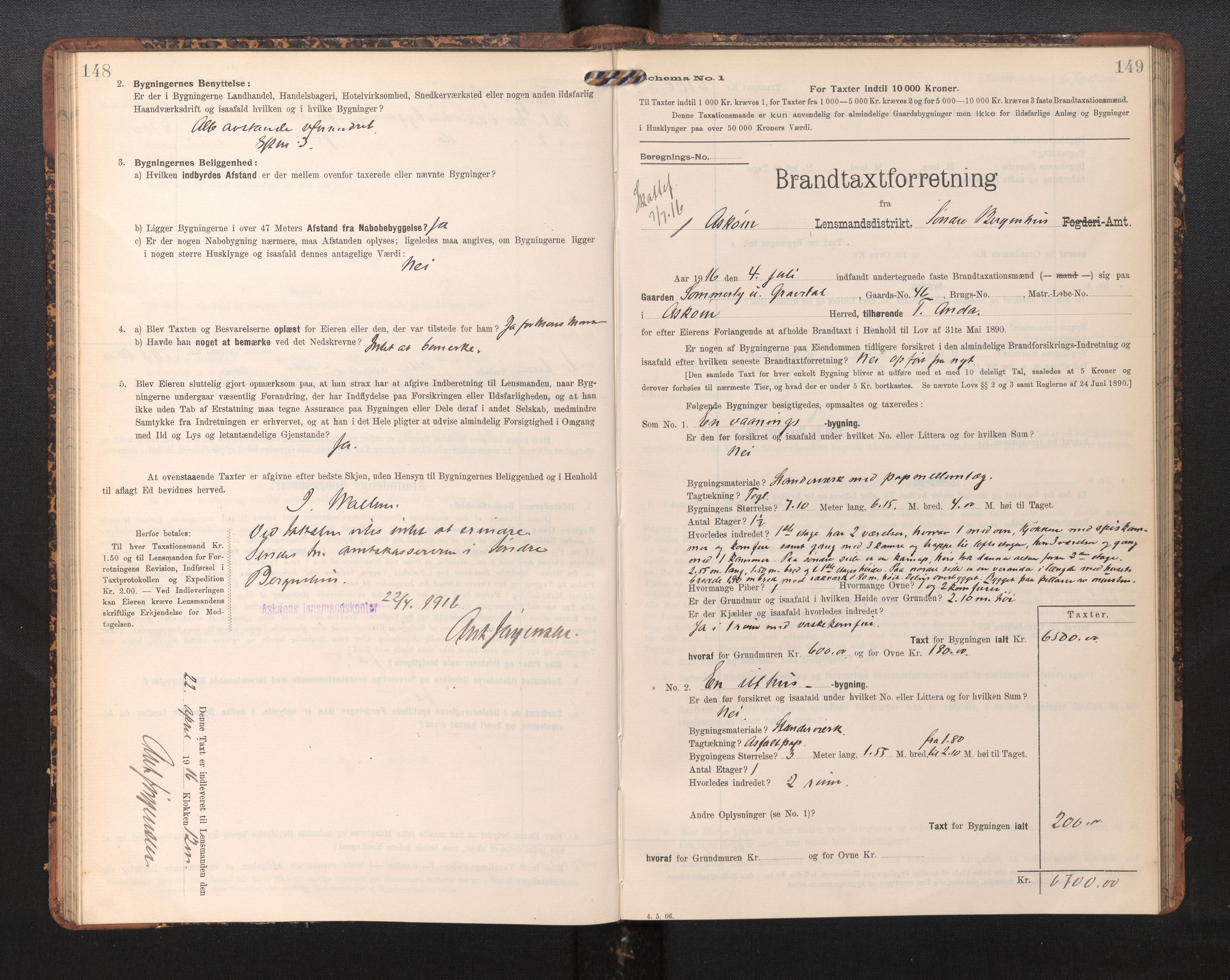 Lensmannen i Askøy, AV/SAB-A-31001/0012/L0006: Branntakstprotokoll, skjematakst, Laksevåg, 1907-1917, p. 148-149