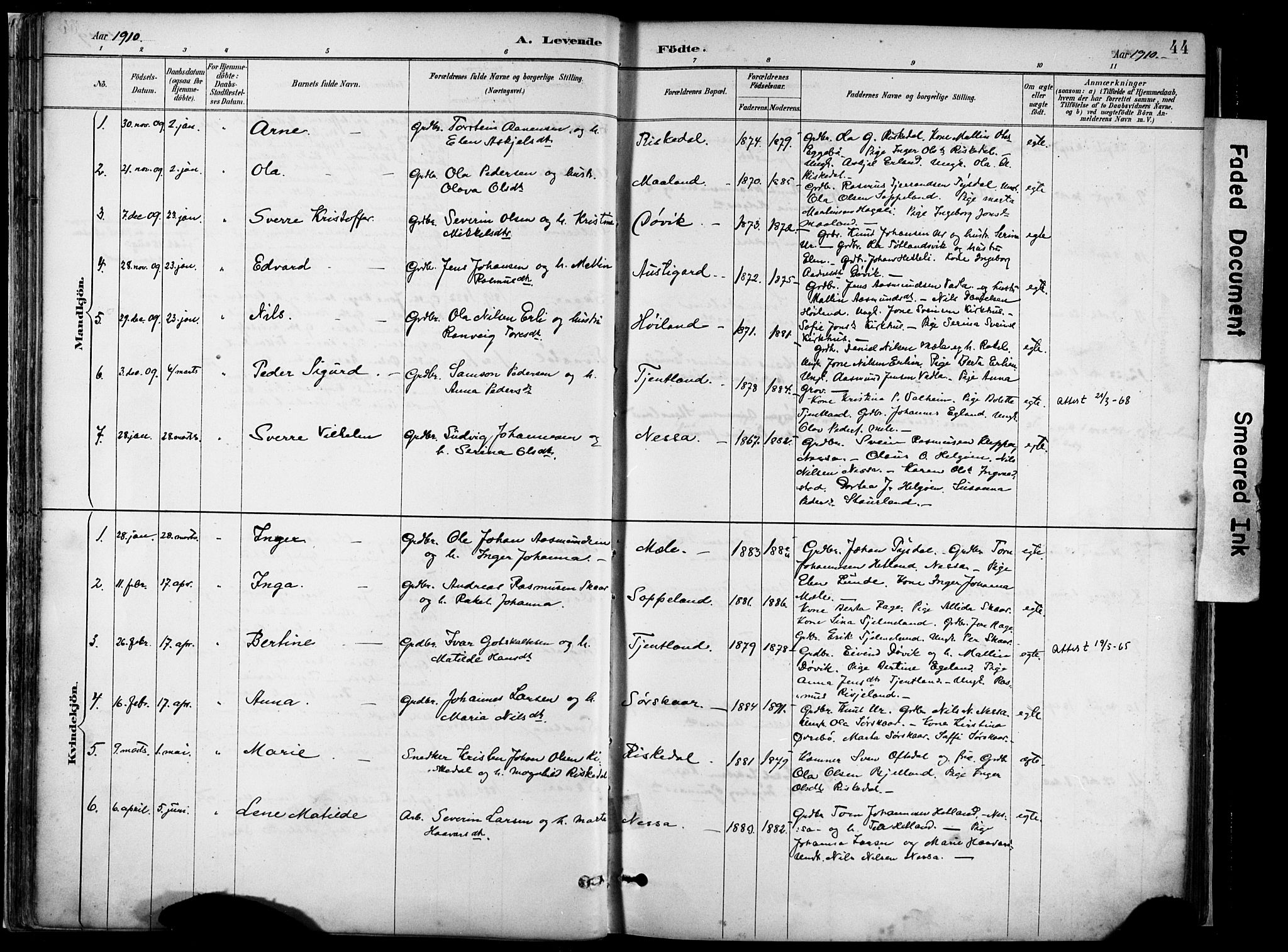 Hjelmeland sokneprestkontor, AV/SAST-A-101843/02/A/L0001: Parish register (official) no. A 16, 1887-1926, p. 44