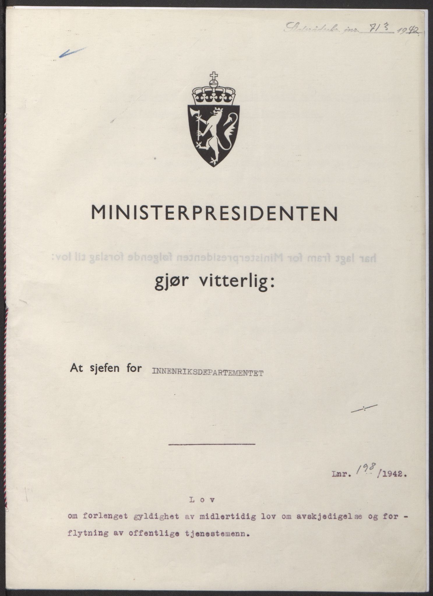 NS-administrasjonen 1940-1945 (Statsrådsekretariatet, de kommisariske statsråder mm), RA/S-4279/D/Db/L0098: Lover II, 1942, p. 413