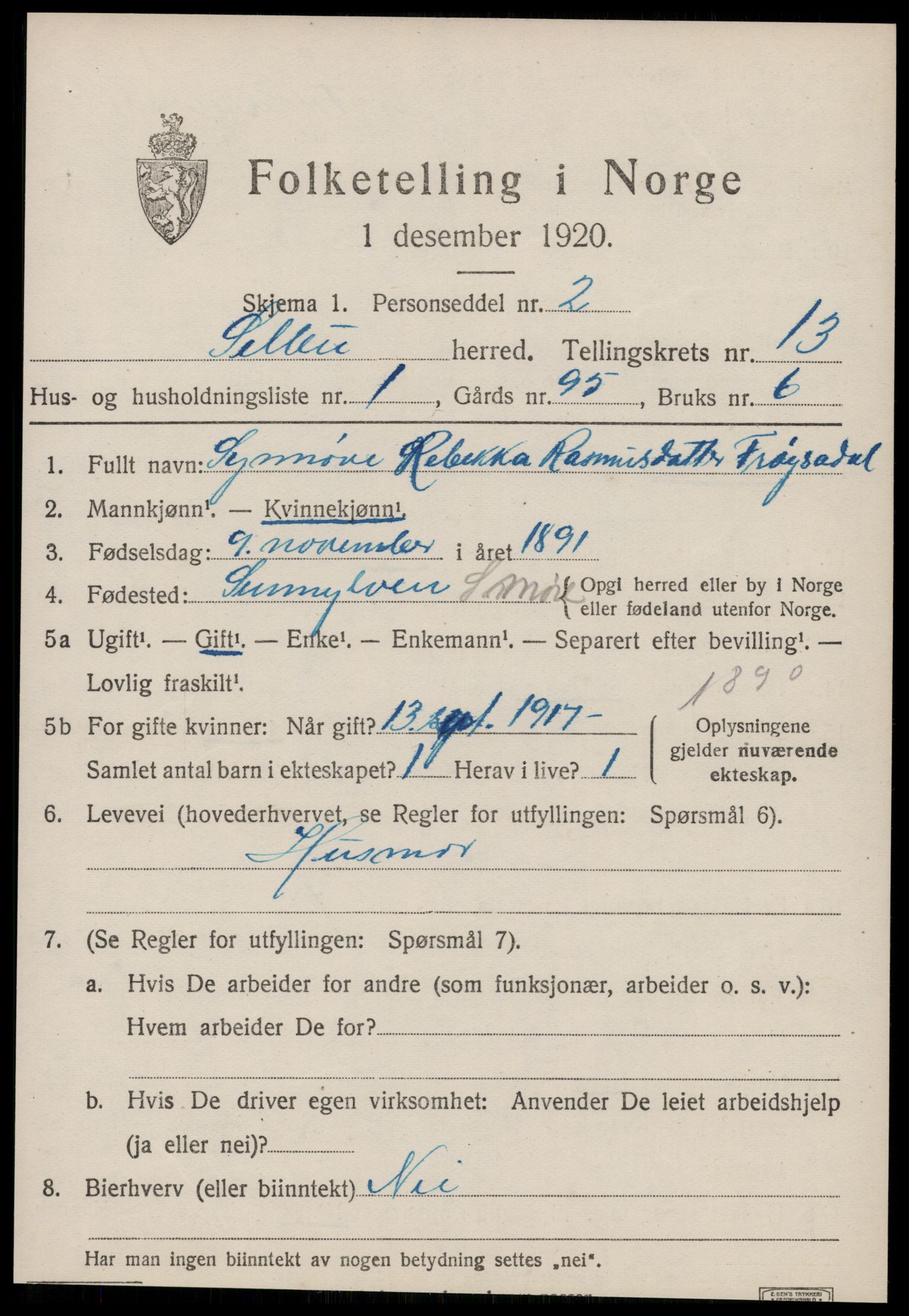 SAT, 1920 census for Selbu, 1920, p. 7014