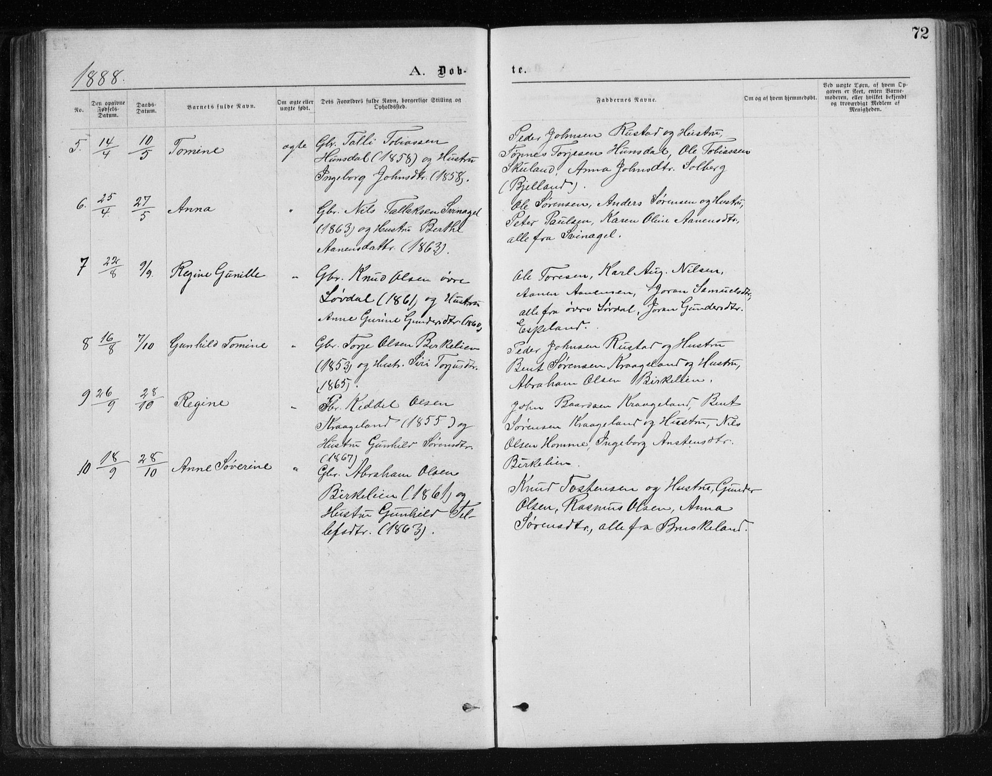 Holum sokneprestkontor, SAK/1111-0022/F/Fb/Fbb/L0003: Parish register (copy) no. B 3, 1875-1898, p. 72