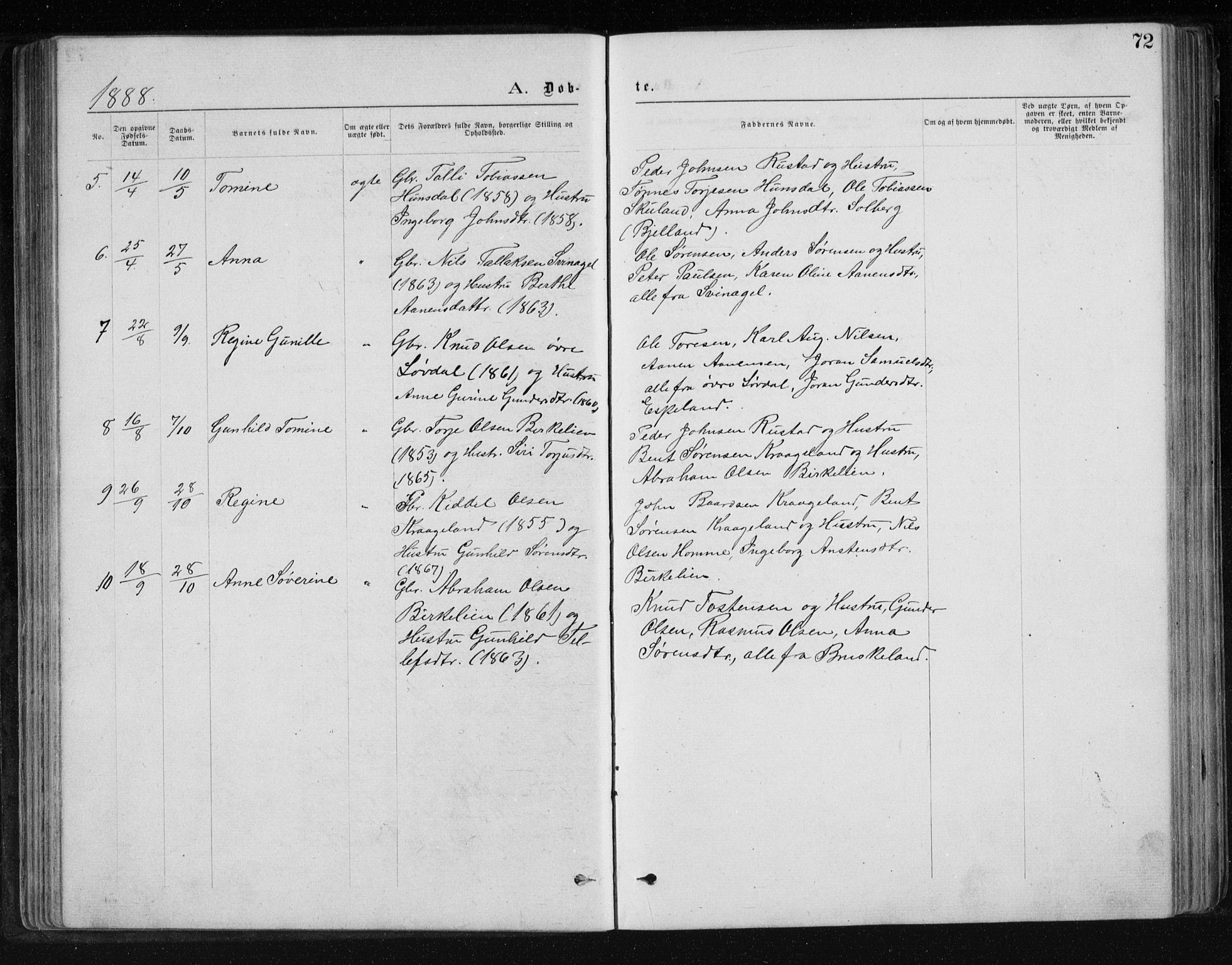 Holum sokneprestkontor, AV/SAK-1111-0022/F/Fb/Fbb/L0003: Parish register (copy) no. B 3, 1875-1898, p. 72