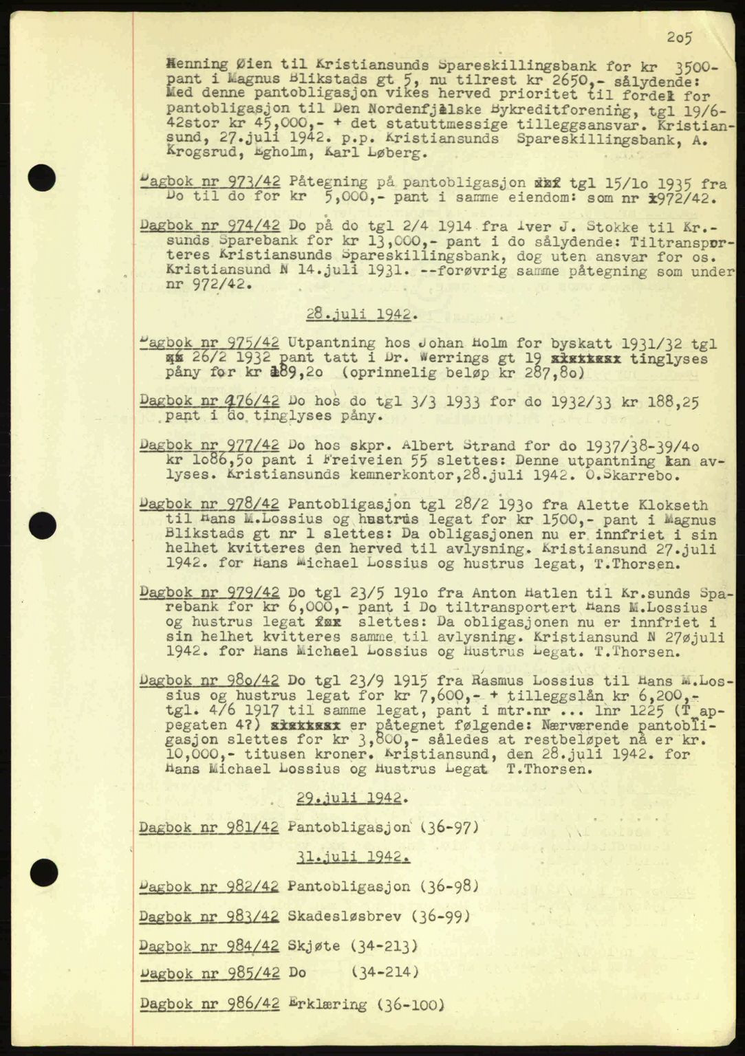 Kristiansund byfogd, AV/SAT-A-4587/A/27: Mortgage book no. 32a, 1938-1946, Diary no: : 975/1942