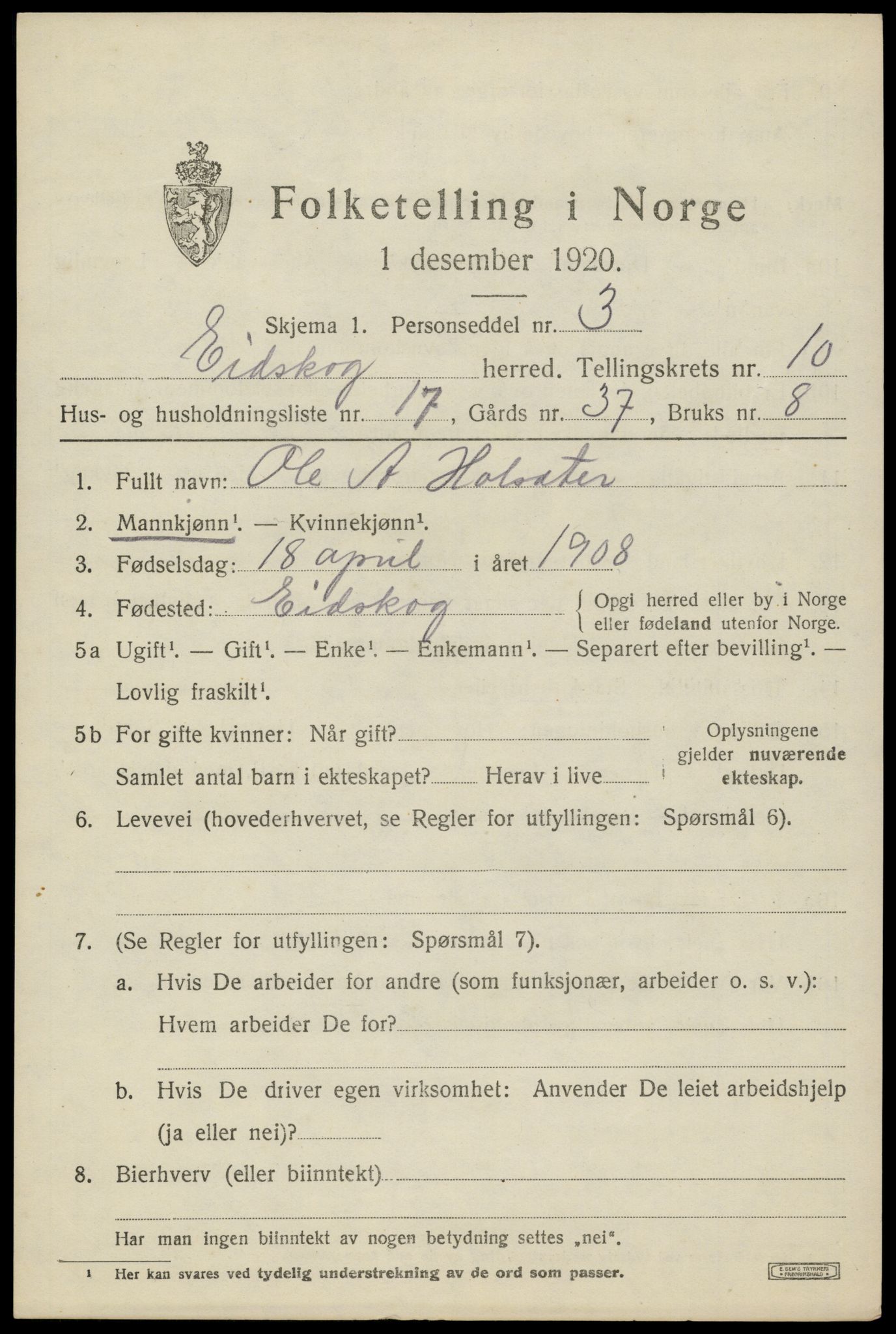 SAH, 1920 census for Eidskog, 1920, p. 11319