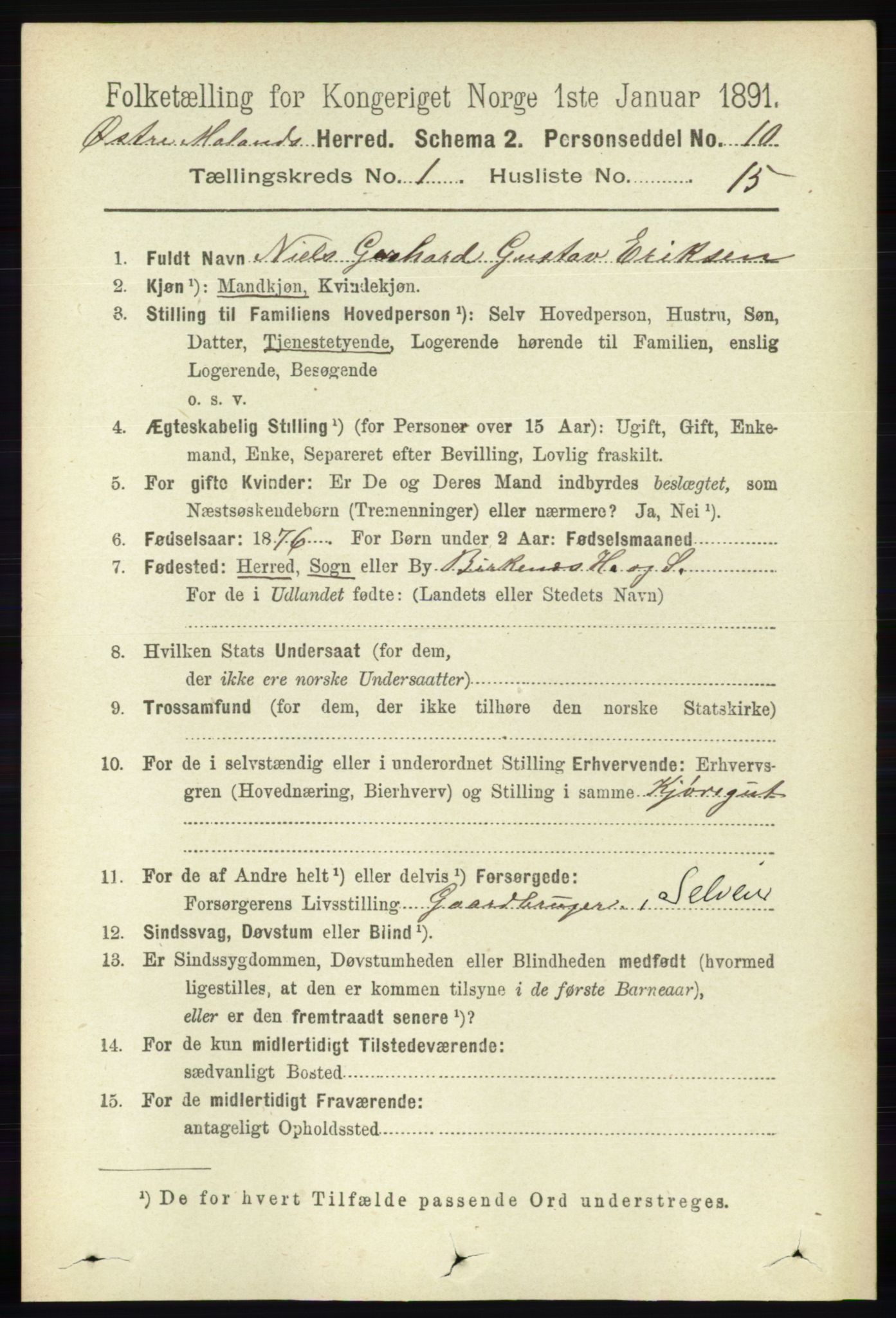 RA, 1891 census for 0918 Austre Moland, 1891, p. 186