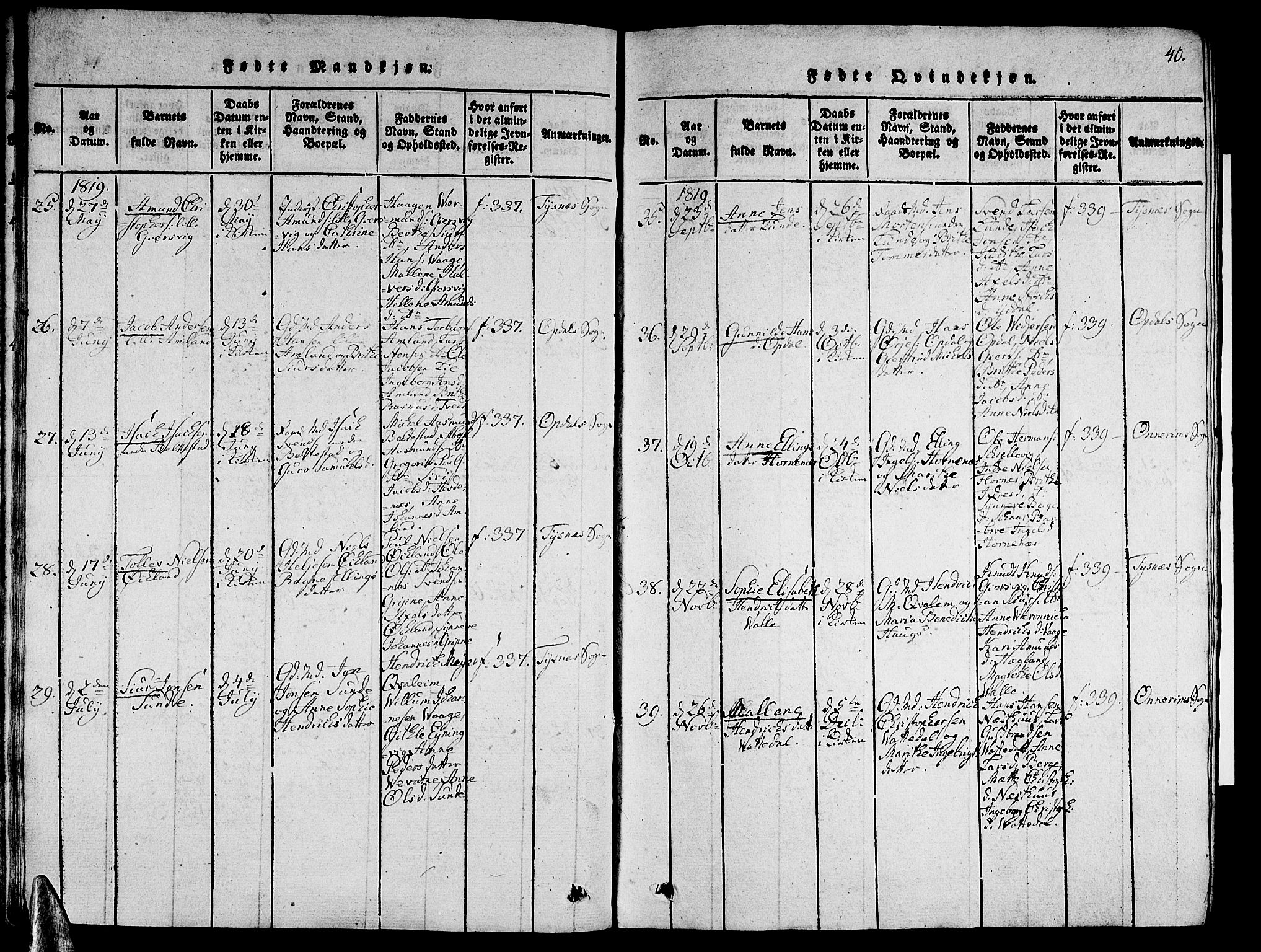 Tysnes sokneprestembete, AV/SAB-A-78601/H/Hab: Parish register (copy) no. A 1, 1816-1828, p. 40