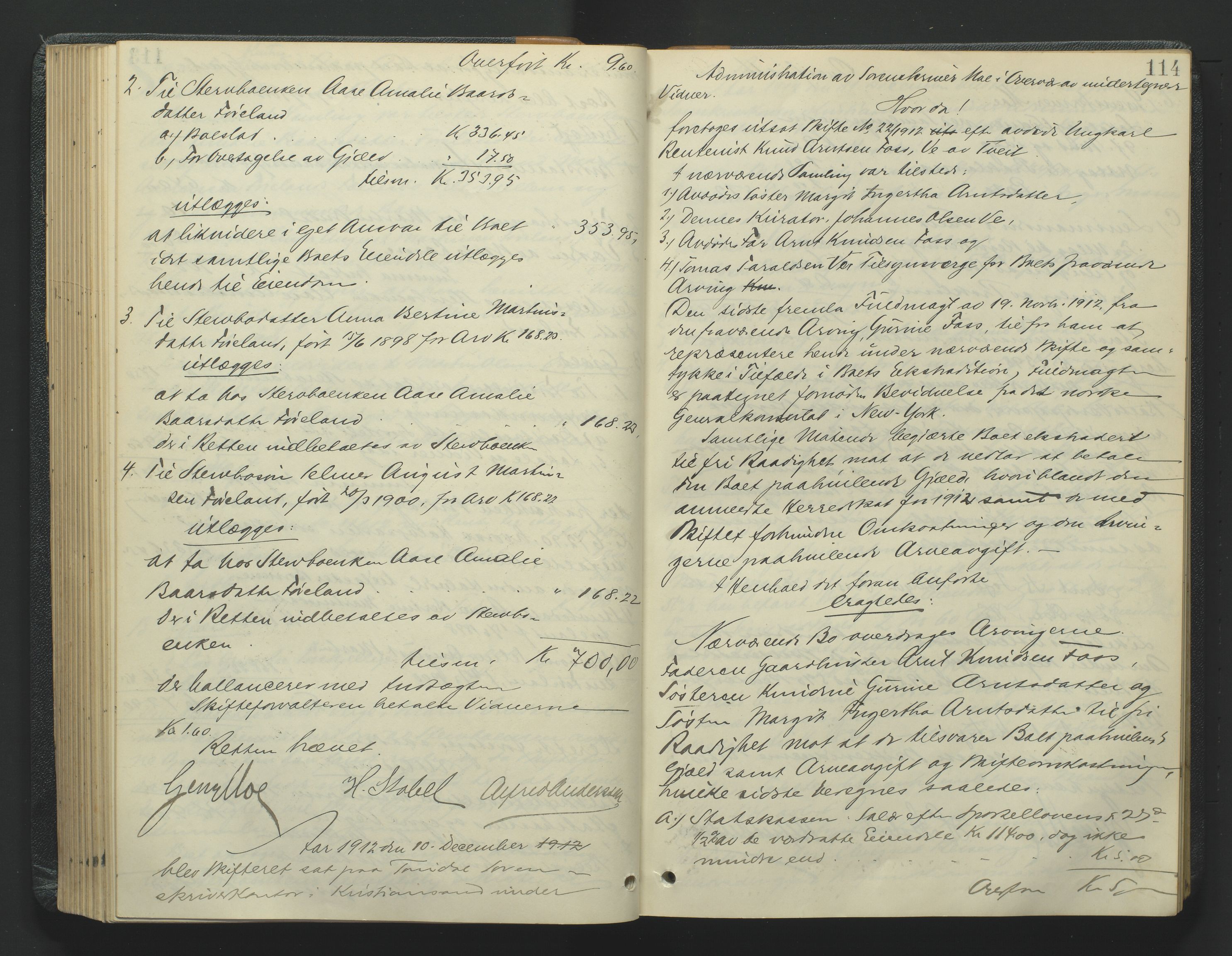 Torridal sorenskriveri, AV/SAK-1221-0012/H/Hc/L0022: Skifteforhandlingsprotokoll med navneregister nr. 8, 1911-1915, p. 114